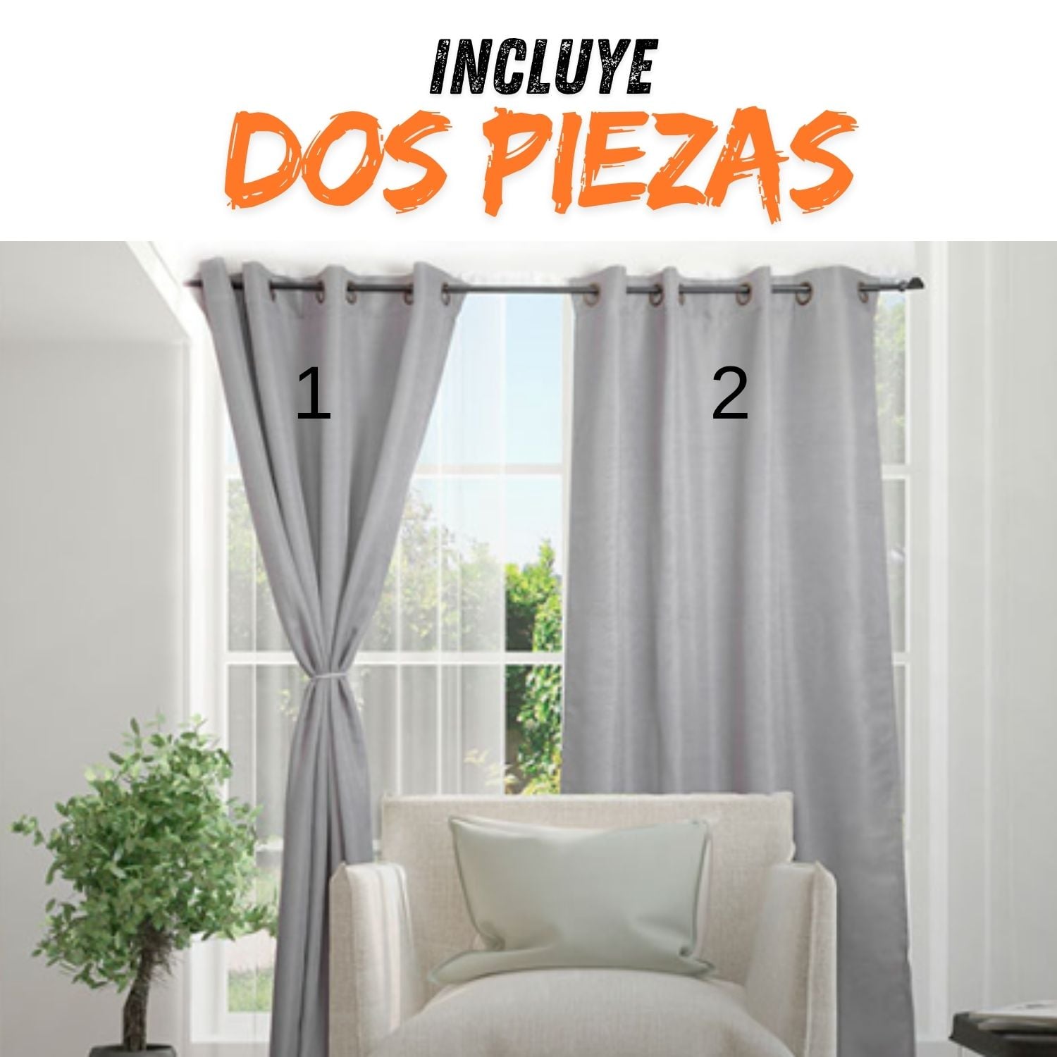 CORTINA DE TELA PARA SALA O DORMITORIO CON ARO - 2 PAÑOS COLOR GRIS - 2