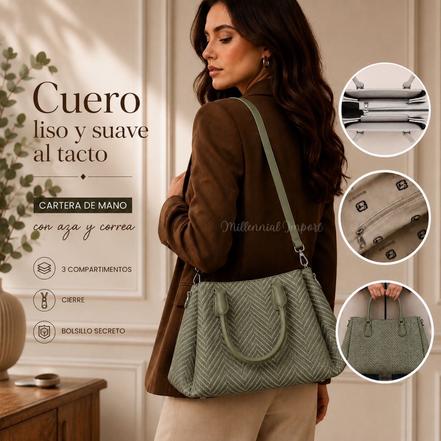 CARTERA DE MANO ELEGANTE CON 3 DIVISIONES COLOR VERDE - 2
