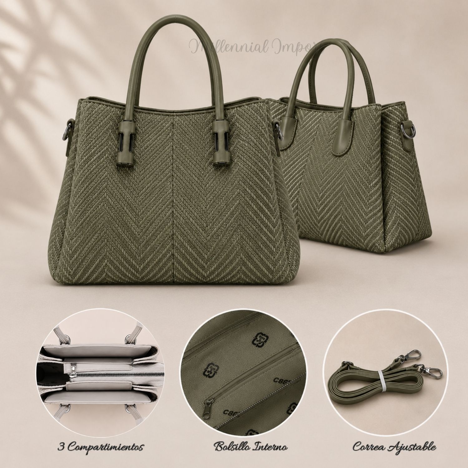 CARTERA DE MANO ELEGANTE CON 3 DIVISIONES COLOR VERDE - 4