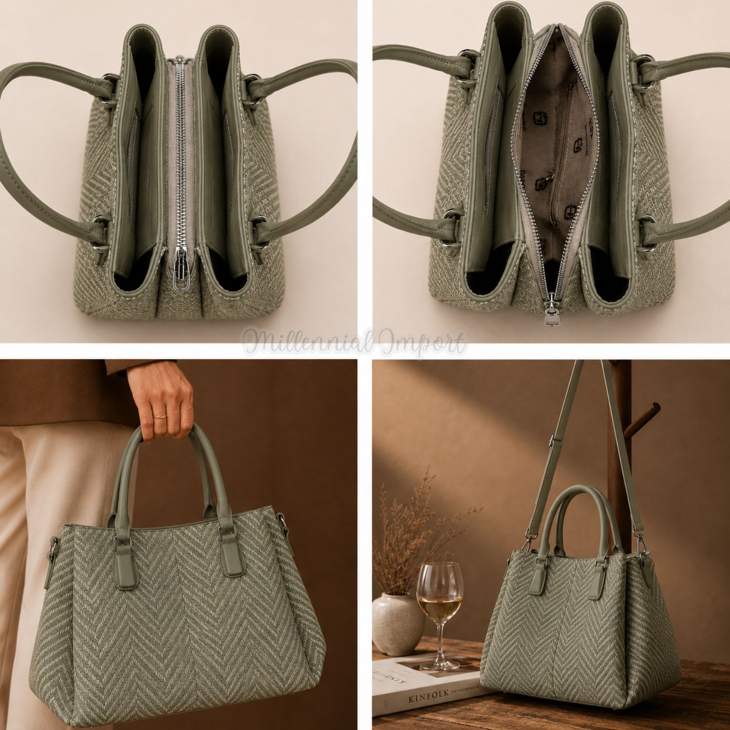 CARTERA DE MANO ELEGANTE CON 3 DIVISIONES COLOR VERDE - 6