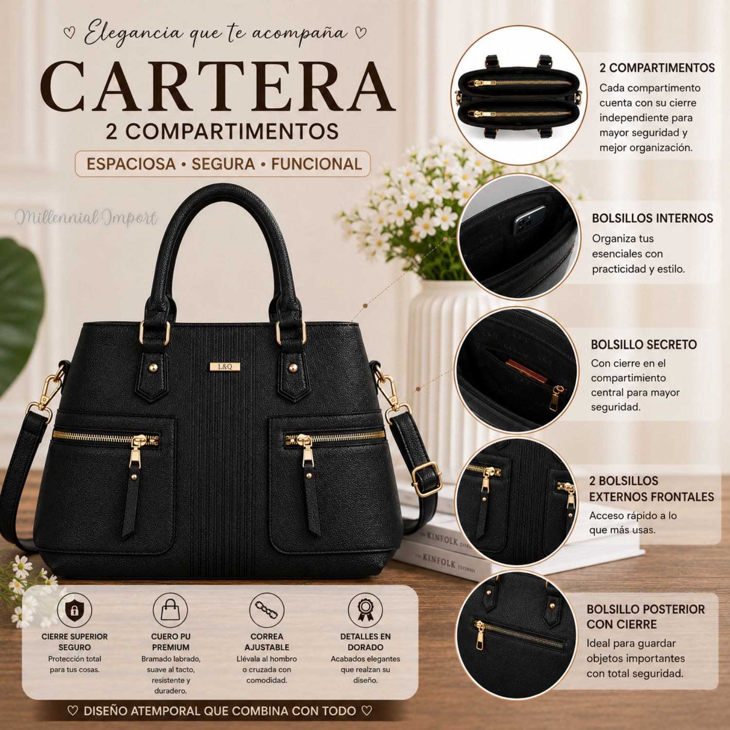 CARTERA BOLSO MILLENNIAL ELEGANTE MUJER INCLUYE CORREA REGULABLE COLOR NEGRO - 7