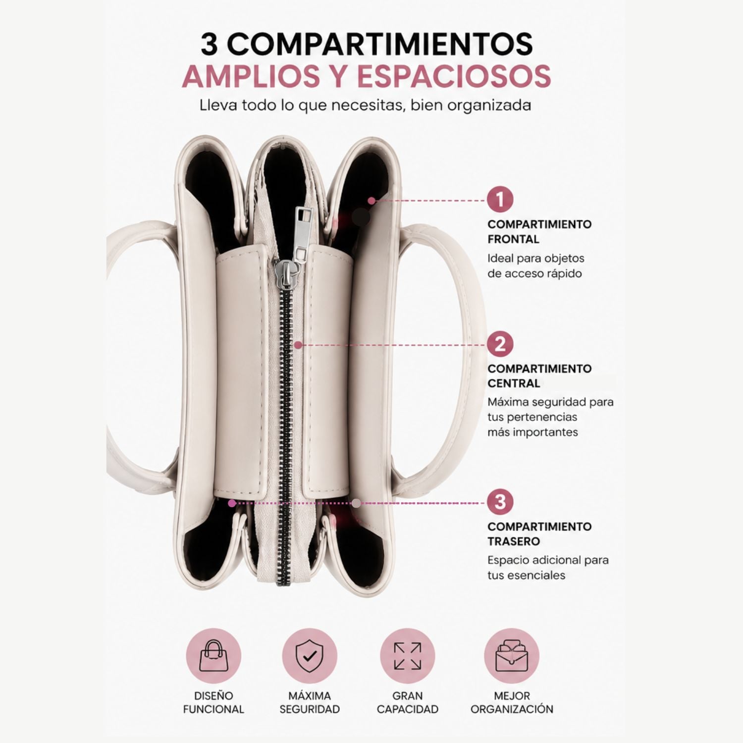 BOLSO DE MANO HOMBRO MUJER ELEGANTE CON 3 COMPARTIMIENTOS COLOR NEGRO - 10