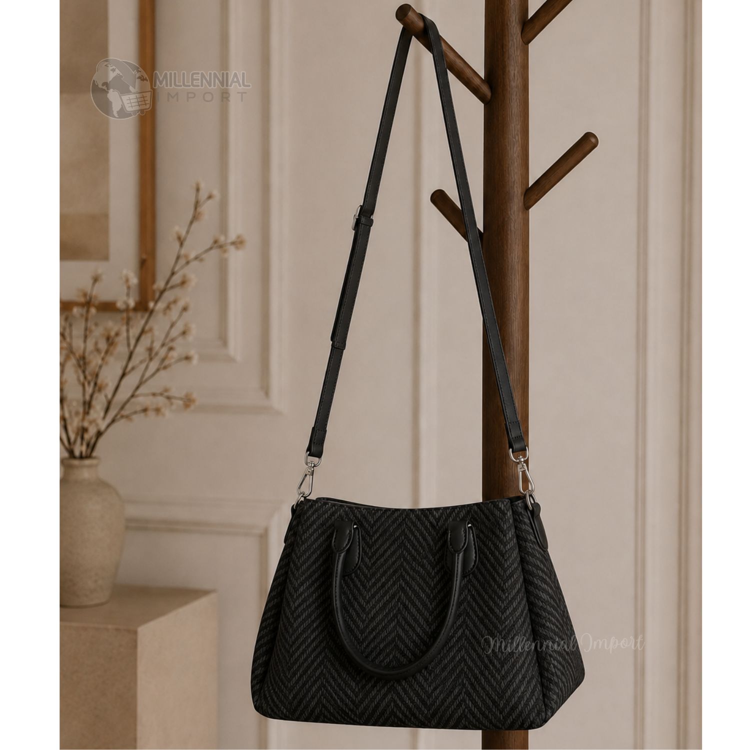 BOLSO DE MANO HOMBRO MUJER ELEGANTE CON 3 COMPARTIMIENTOS COLOR NEGRO - 3