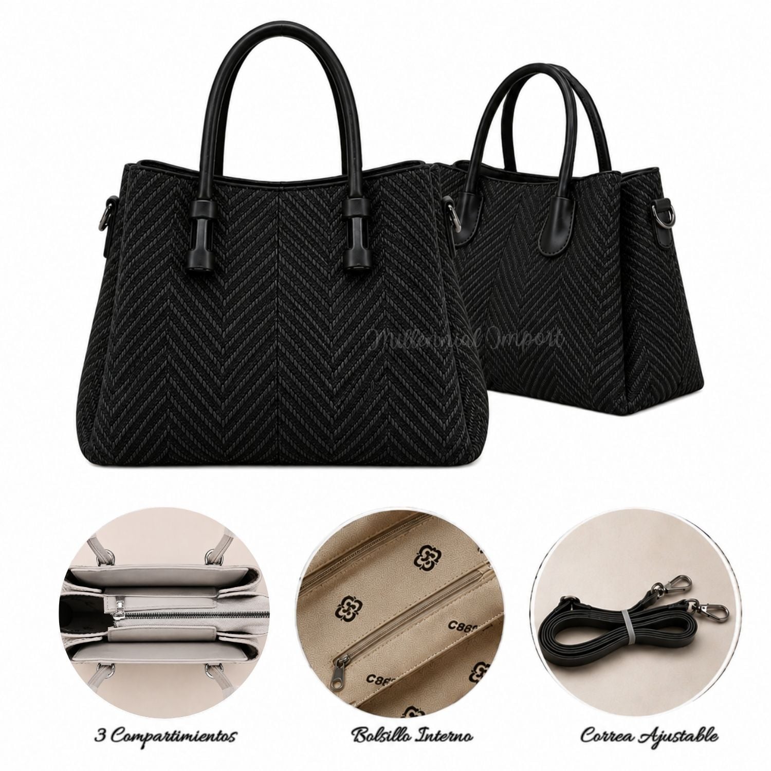 BOLSO DE MANO HOMBRO MUJER ELEGANTE CON 3 COMPARTIMIENTOS COLOR NEGRO - 5