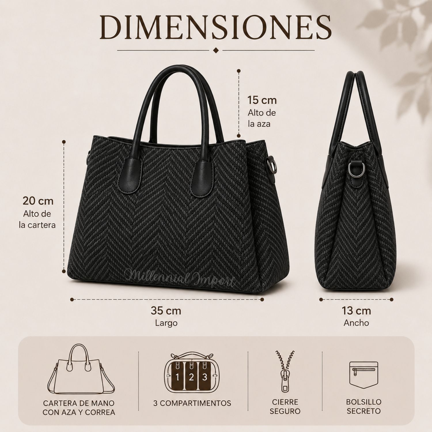 BOLSO DE MANO HOMBRO MUJER ELEGANTE CON 3 COMPARTIMIENTOS COLOR NEGRO - 7