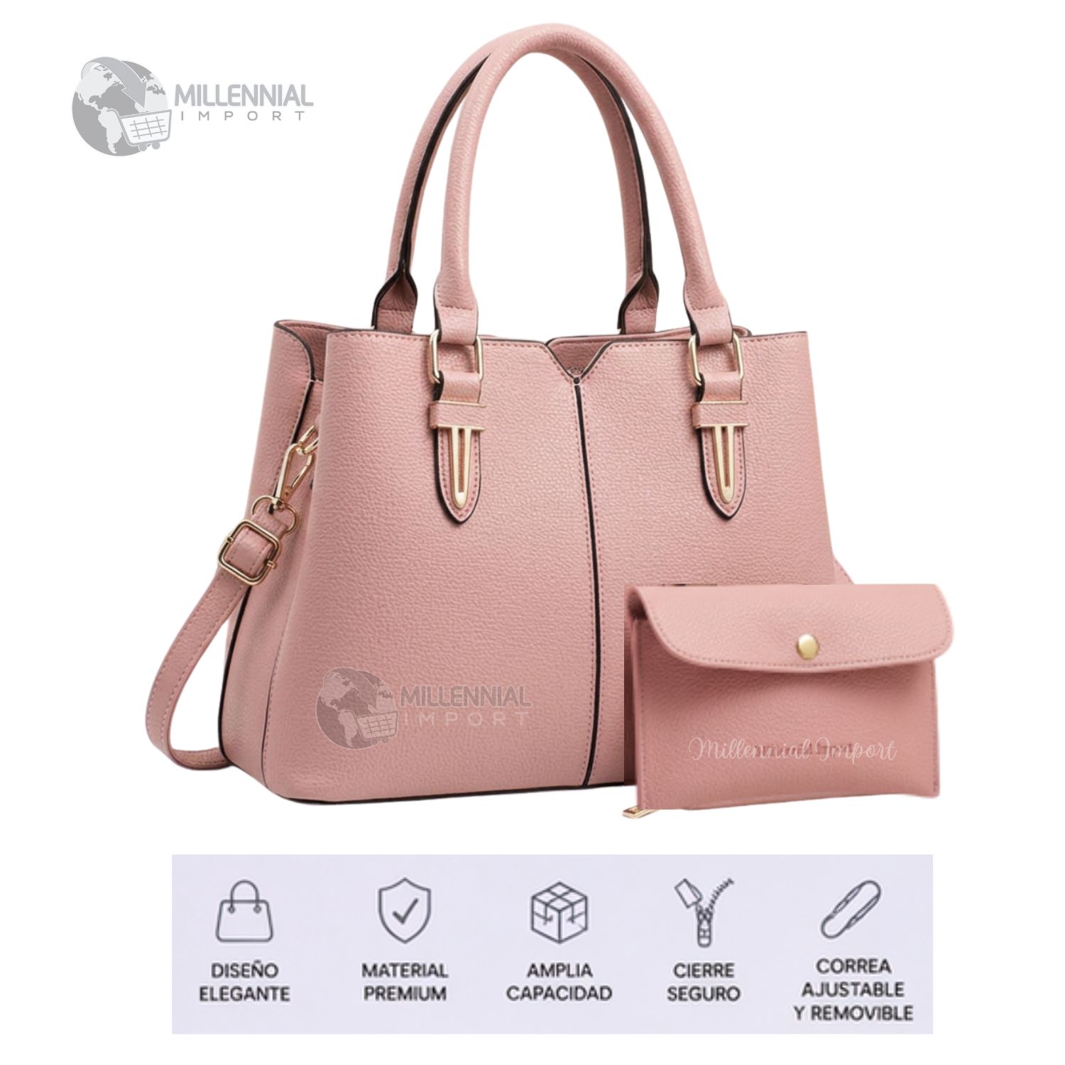 CARTERA ELEGANTE MUJER CON 3 DIVISIONES INCLUYE BILLETERA COLOR ROSA - 3