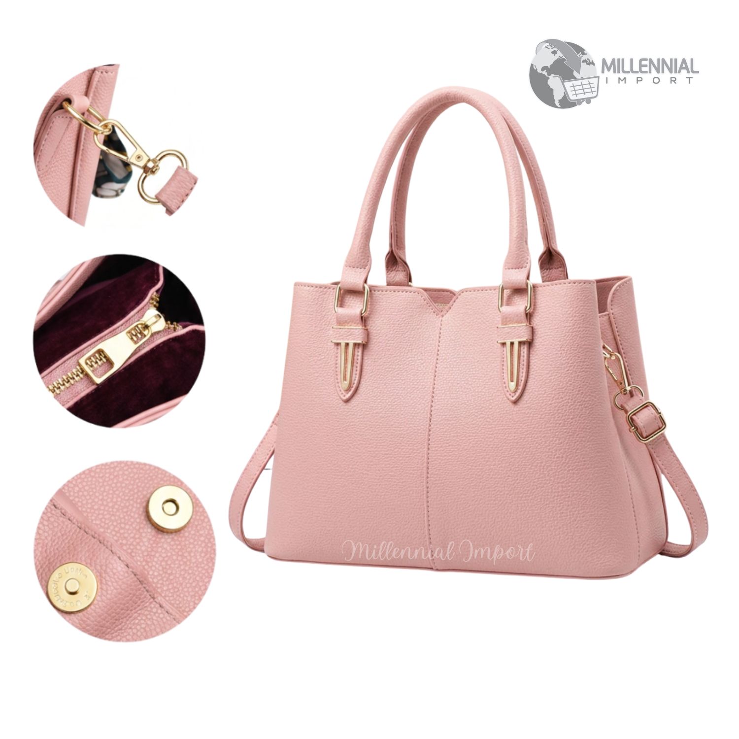 CARTERA ELEGANTE MUJER CON 3 DIVISIONES INCLUYE BILLETERA COLOR ROSA - 5