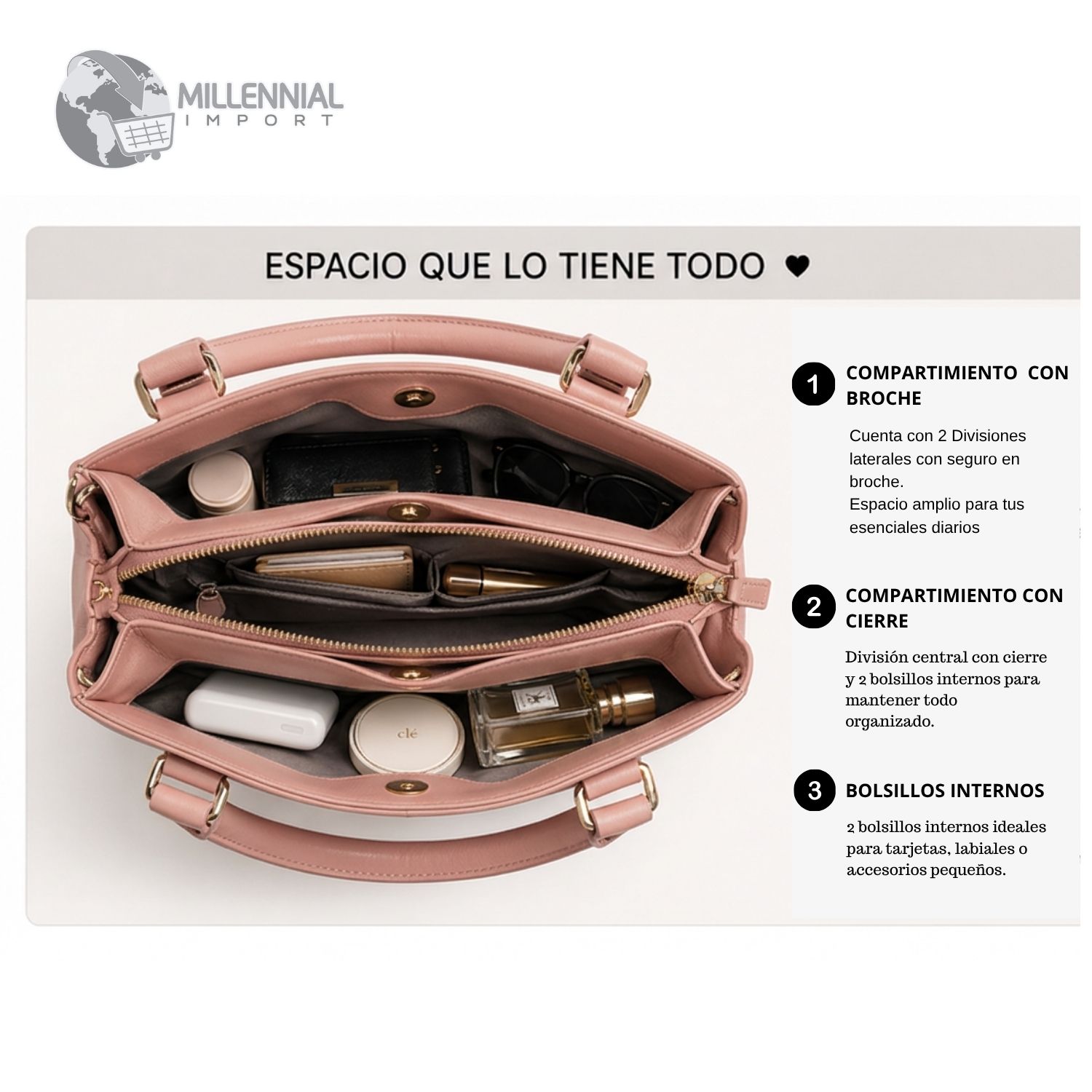 CARTERA ELEGANTE MUJER CON 3 DIVISIONES INCLUYE BILLETERA COLOR ROSA - 6