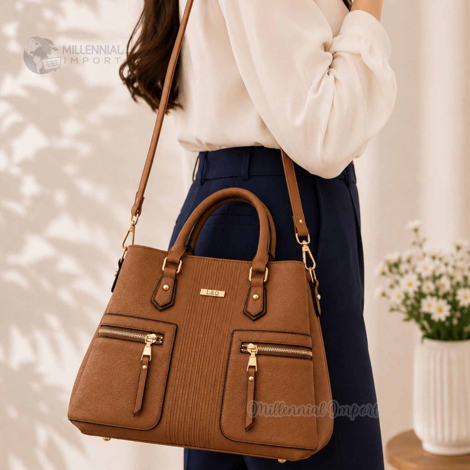 BOLSO DE MANO HOMBRO MUJER ELEGANTE CON 2 COMPARTIMIENTOS COLOR CAMEL - 2