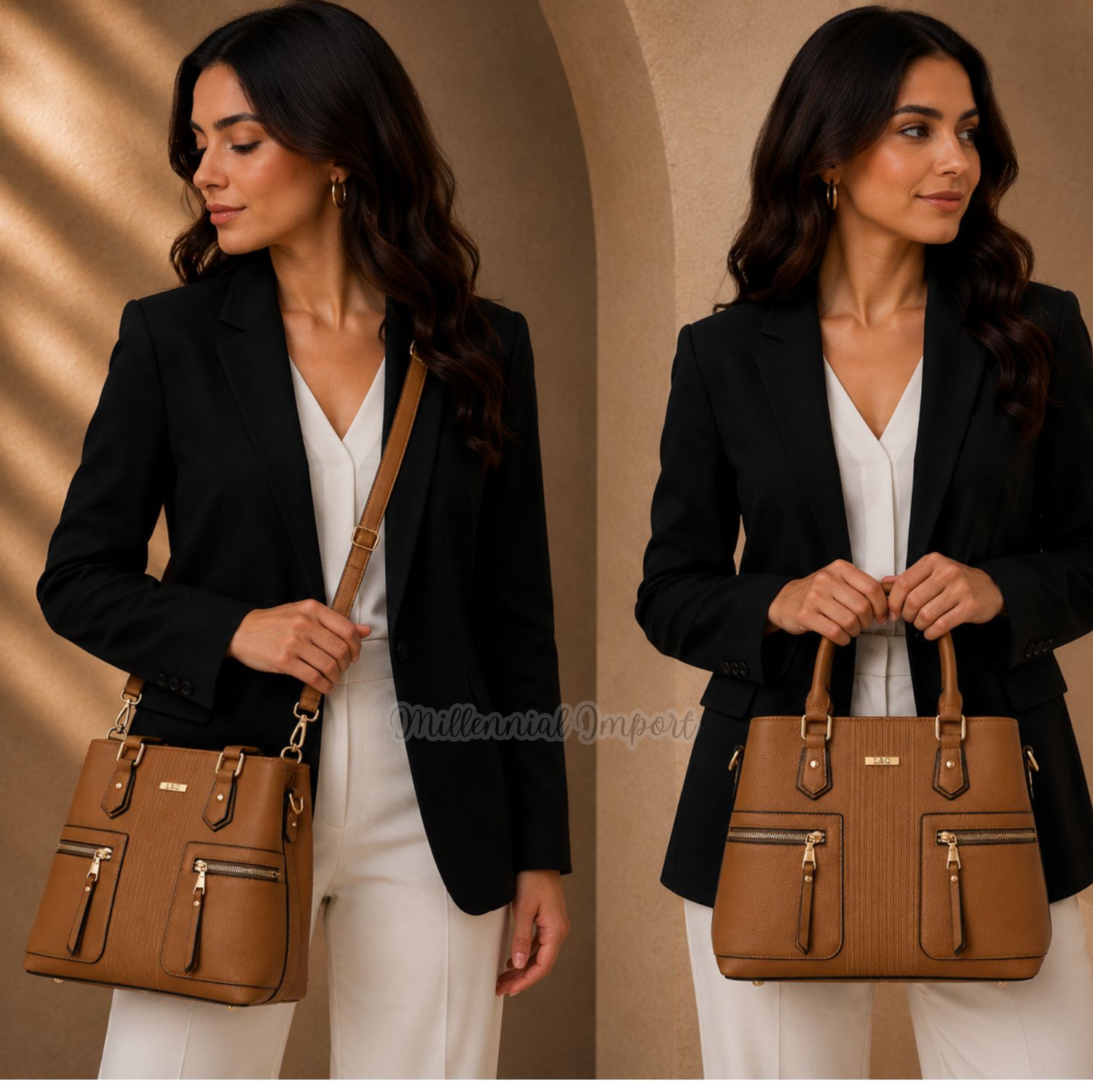 BOLSO DE MANO HOMBRO MUJER ELEGANTE CON 2 COMPARTIMIENTOS COLOR CAMEL - 3