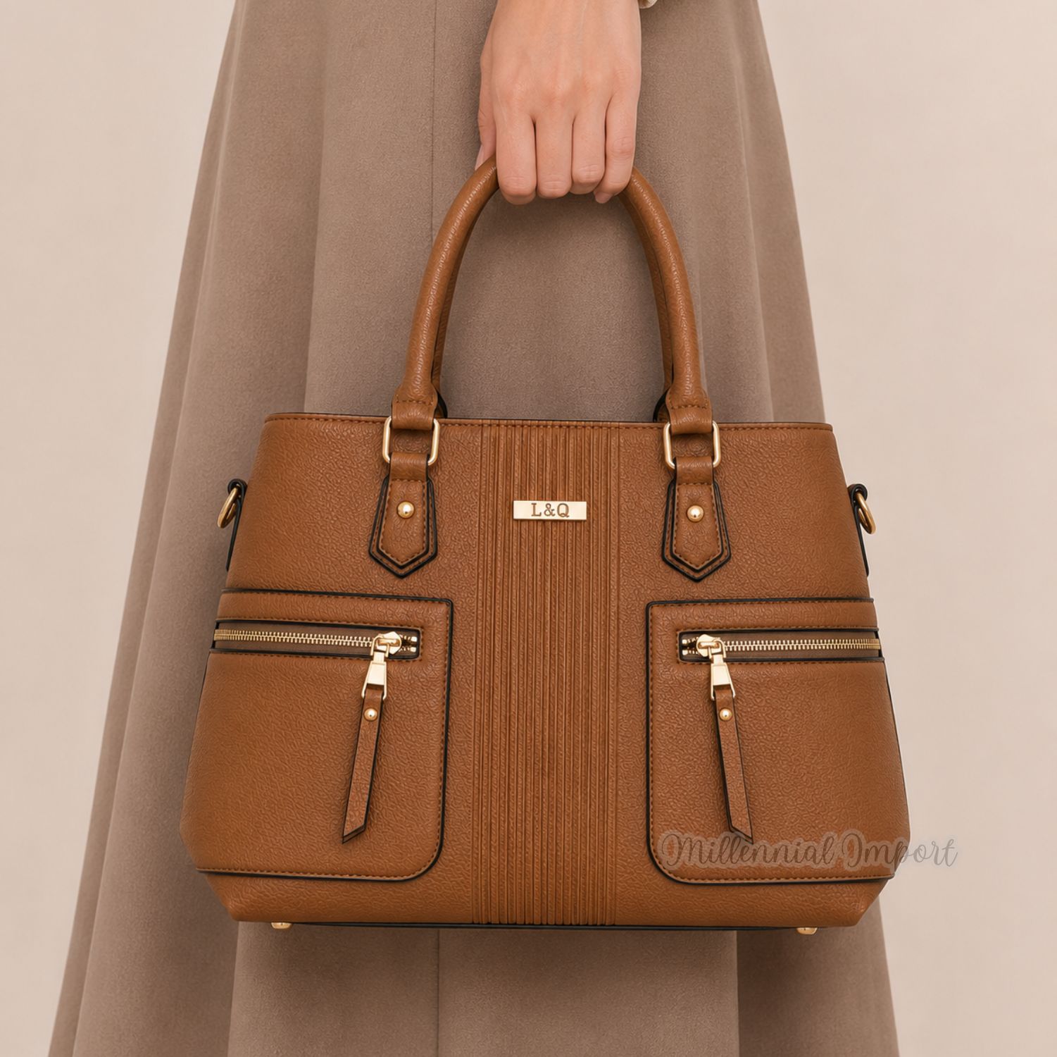 BOLSO DE MANO HOMBRO MUJER ELEGANTE CON 2 COMPARTIMIENTOS COLOR CAMEL - 4
