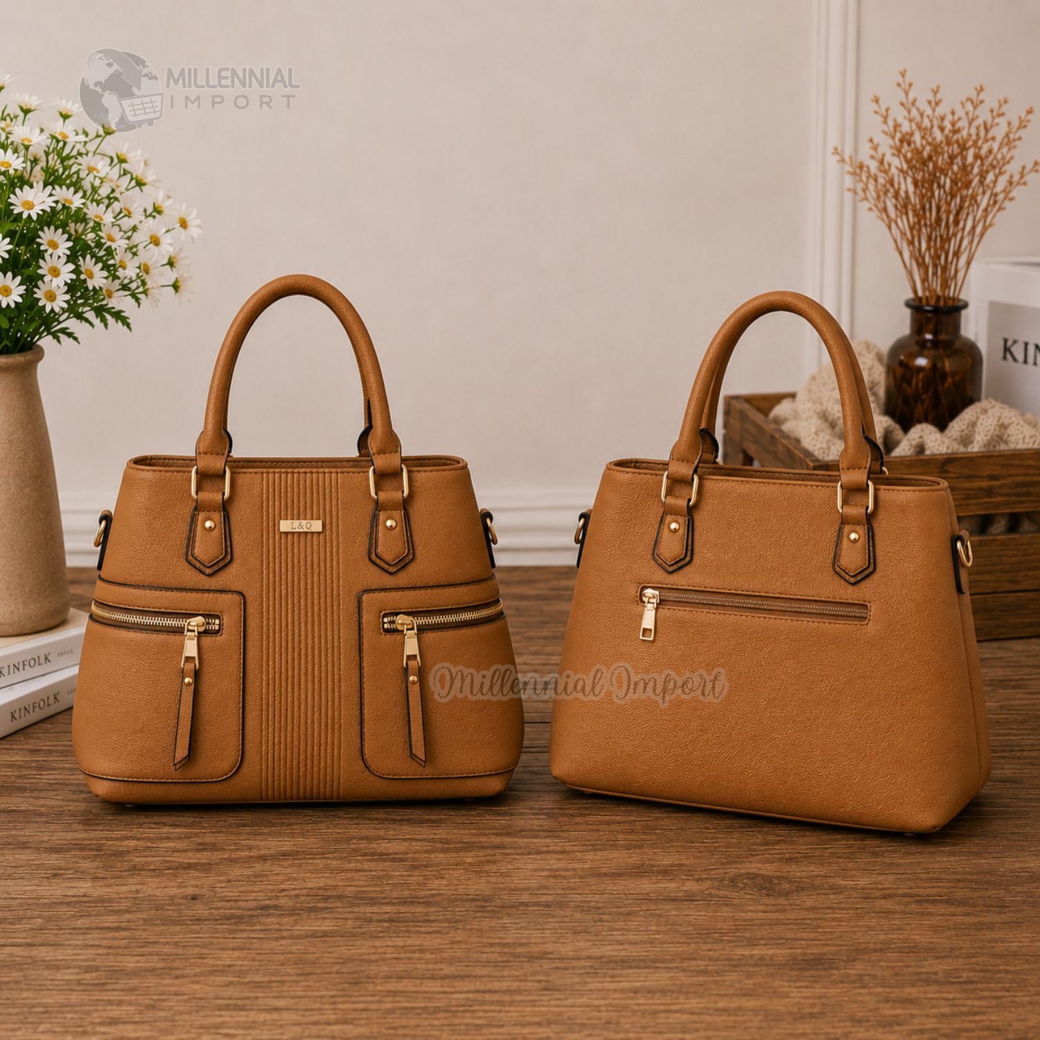 BOLSO DE MANO HOMBRO MUJER ELEGANTE CON 2 COMPARTIMIENTOS COLOR CAMEL - 5