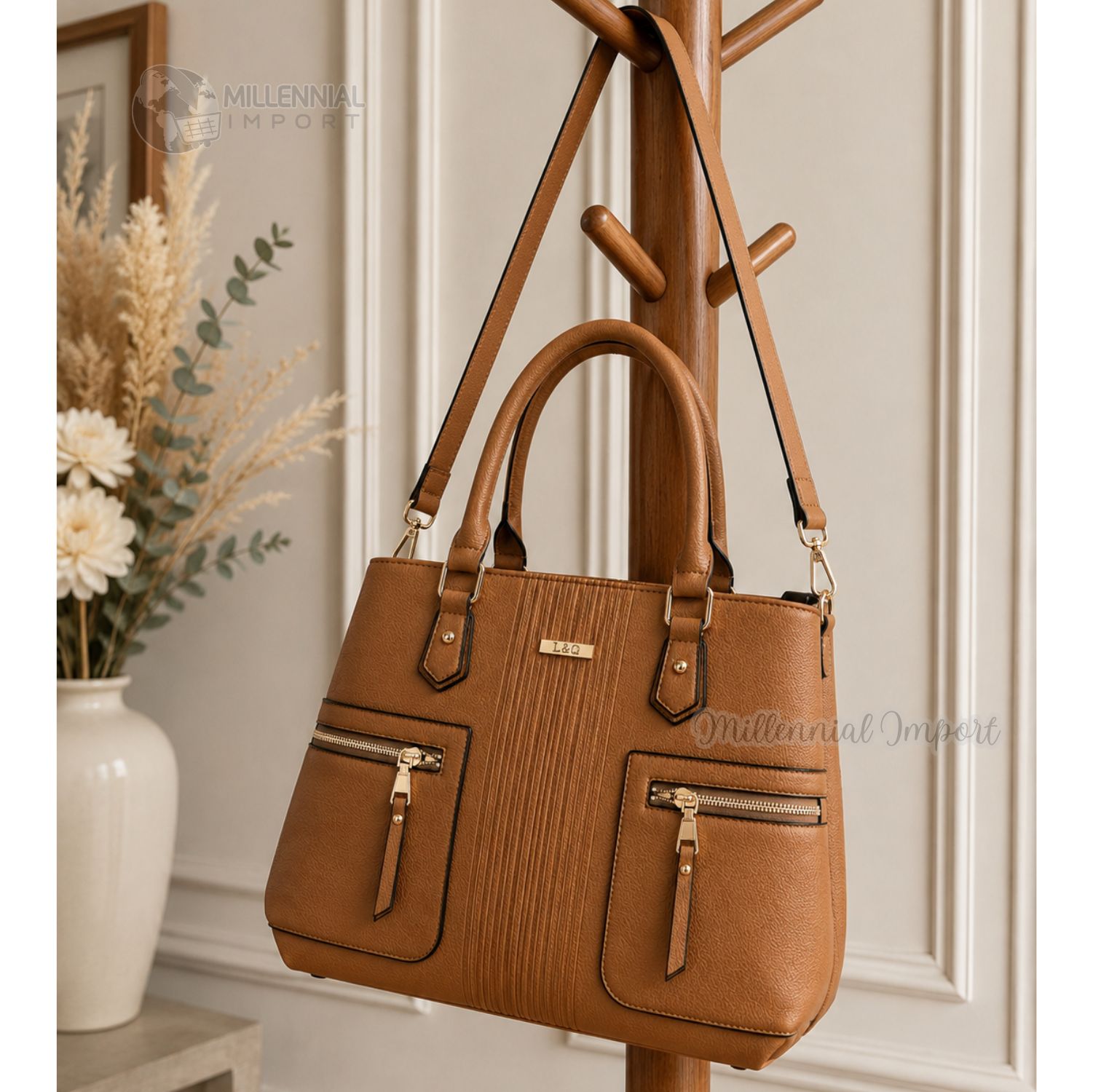 BOLSO DE MANO HOMBRO MUJER ELEGANTE CON 2 COMPARTIMIENTOS COLOR CAMEL - 6