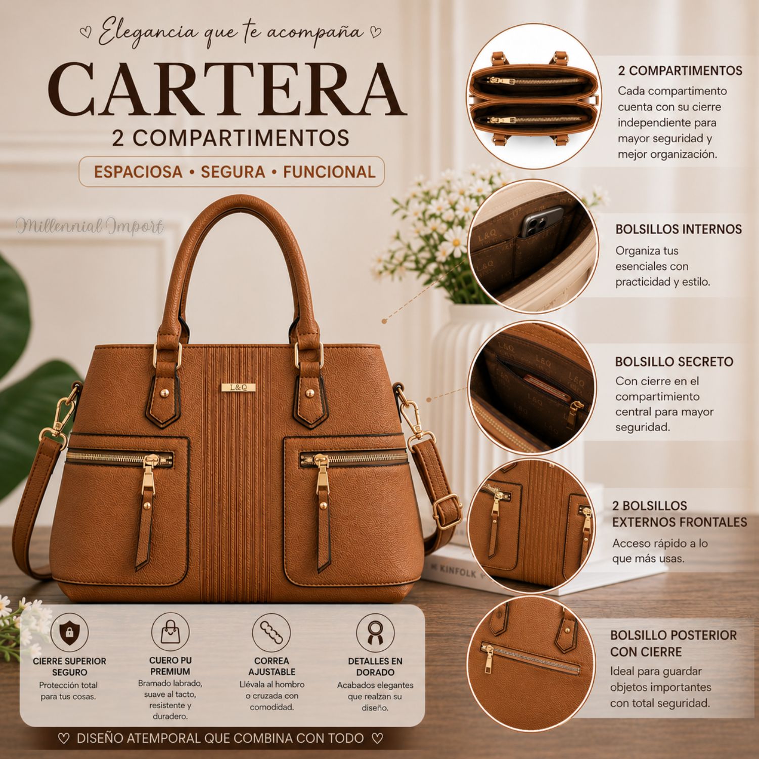 BOLSO DE MANO HOMBRO MUJER ELEGANTE CON 2 COMPARTIMIENTOS COLOR CAMEL - 7
