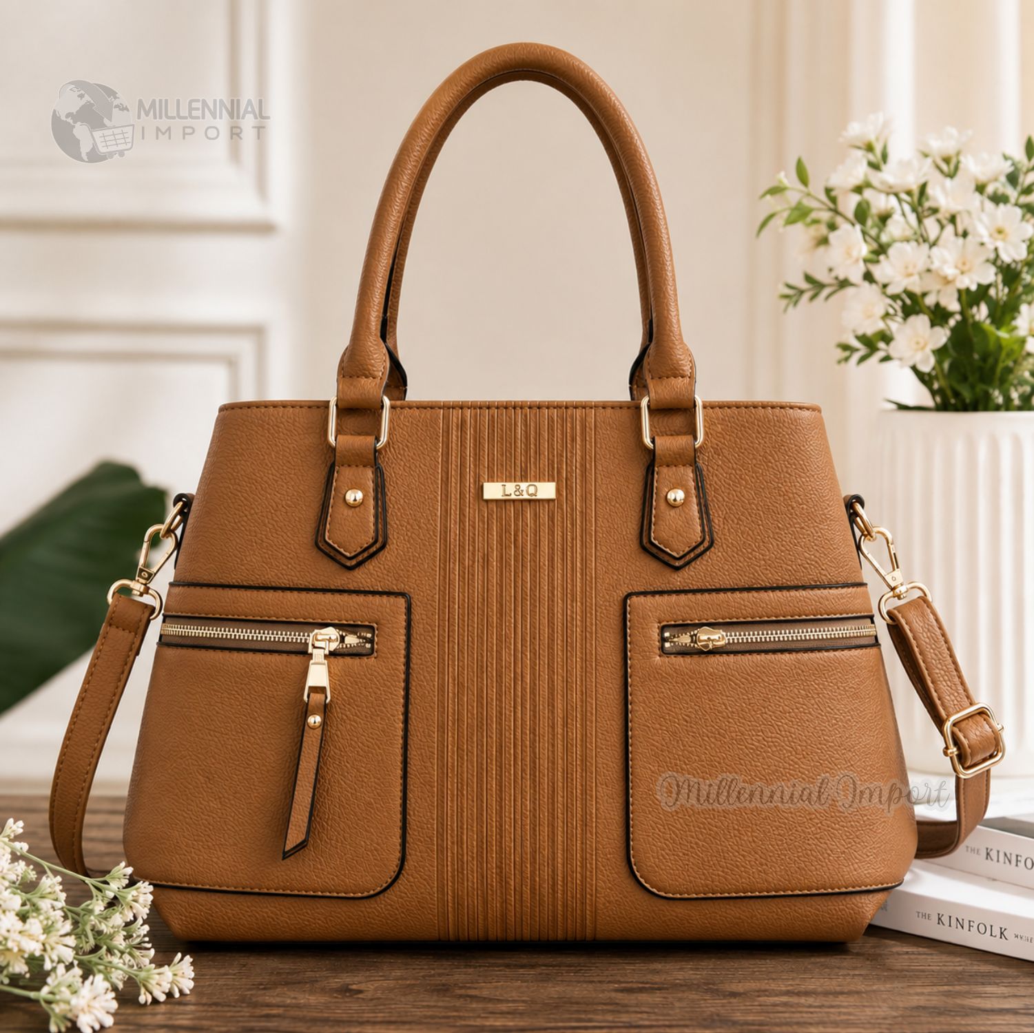 BOLSO DE MANO HOMBRO MUJER ELEGANTE CON 2 COMPARTIMIENTOS COLOR CAMEL - 9