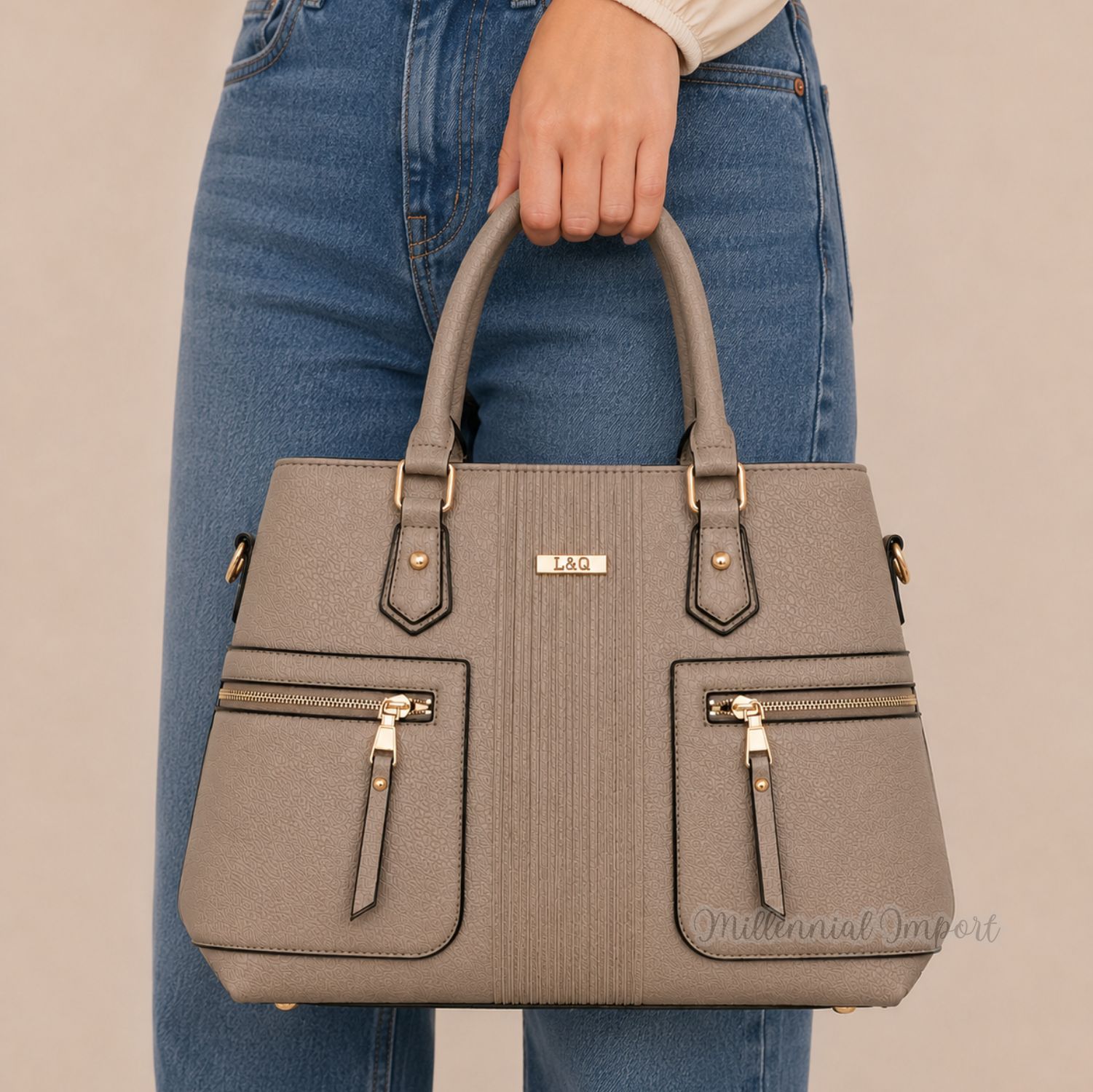 CARTERA DE MANO HOMBRO MUJER CUERO PU ELEGANTE Y AMPLIA CON CORREA REGULABLE COLOR GRIS - 2