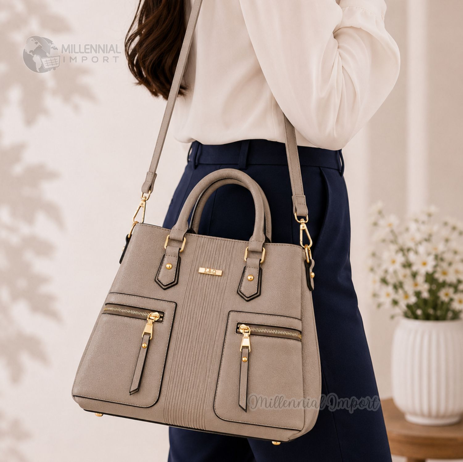 CARTERA DE MANO HOMBRO MUJER CUERO PU ELEGANTE Y AMPLIA CON CORREA REGULABLE COLOR GRIS - 3