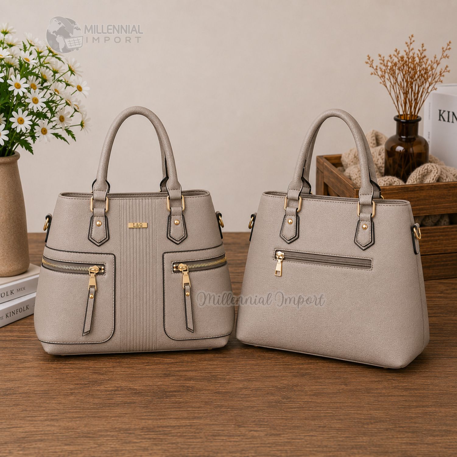 CARTERA DE MANO HOMBRO MUJER CUERO PU ELEGANTE Y AMPLIA CON CORREA REGULABLE COLOR GRIS - 4