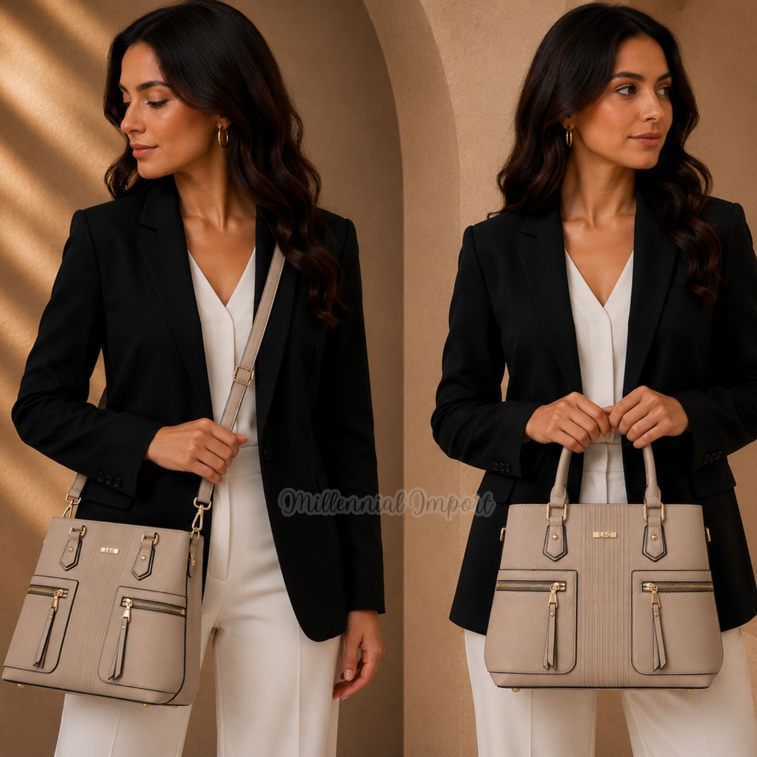CARTERA DE MANO HOMBRO MUJER CUERO PU ELEGANTE Y AMPLIA CON CORREA REGULABLE COLOR GRIS - 5