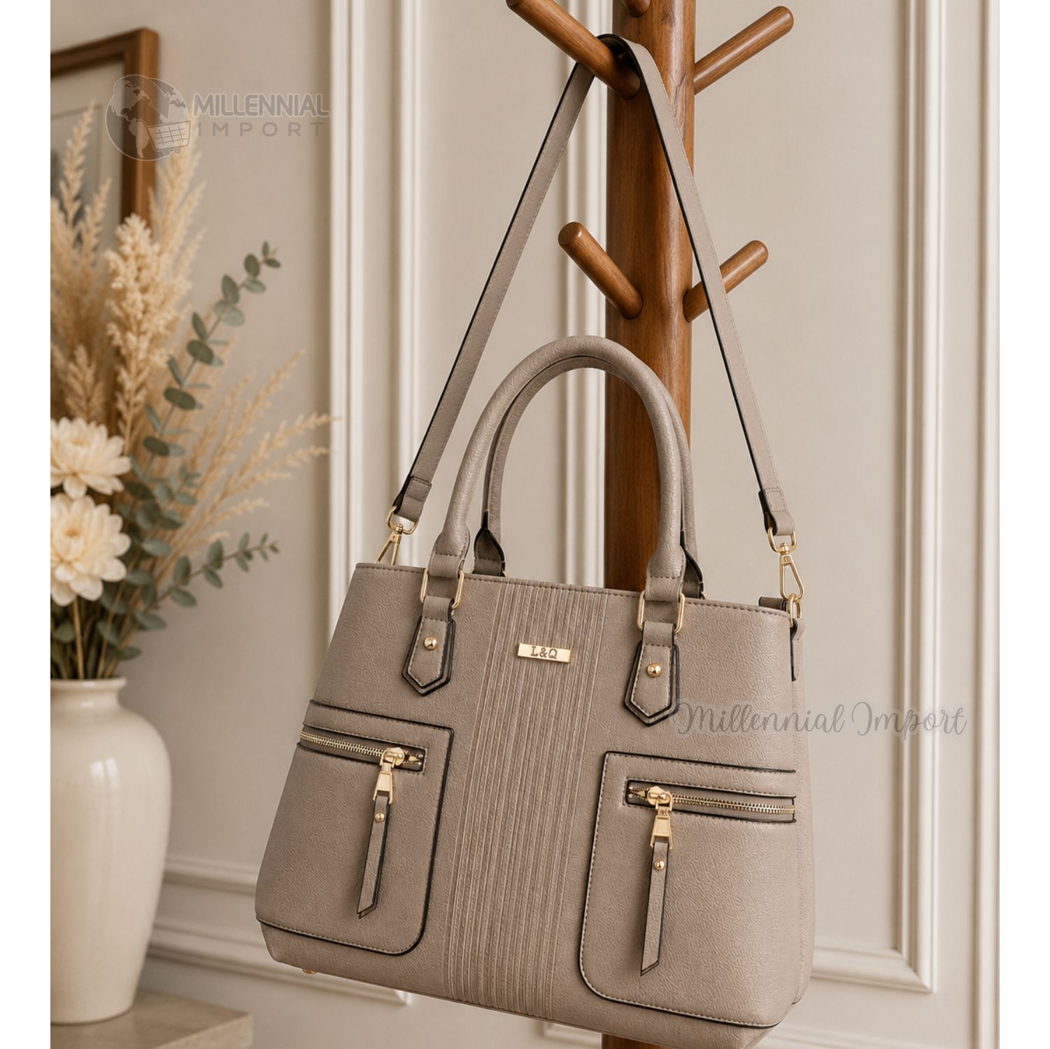 CARTERA DE MANO HOMBRO MUJER CUERO PU ELEGANTE Y AMPLIA CON CORREA REGULABLE COLOR GRIS - 6
