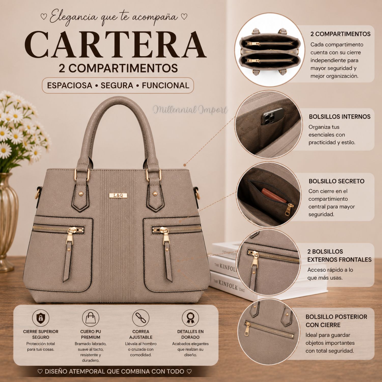 CARTERA DE MANO HOMBRO MUJER CUERO PU ELEGANTE Y AMPLIA CON CORREA REGULABLE COLOR GRIS - 7