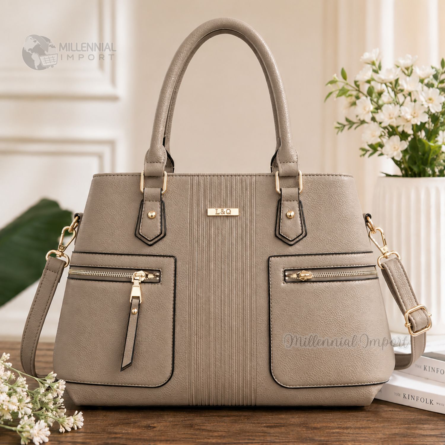 CARTERA DE MANO HOMBRO MUJER CUERO PU ELEGANTE Y AMPLIA CON CORREA REGULABLE COLOR GRIS - 8