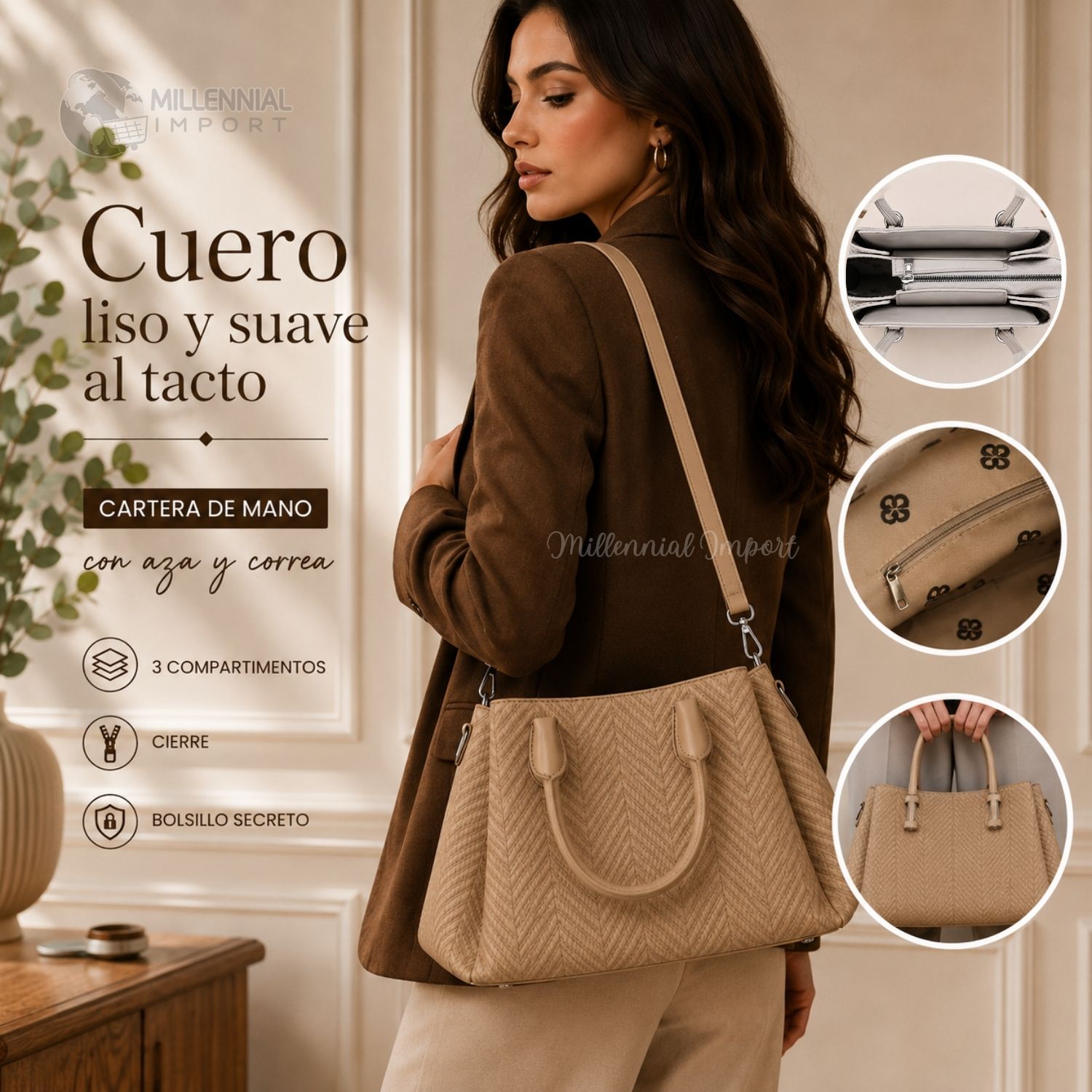 CARTERA DE HOMBRO O MANO ELEGANTE CON 3 DIVISIONES COLOR CAMEL - 2