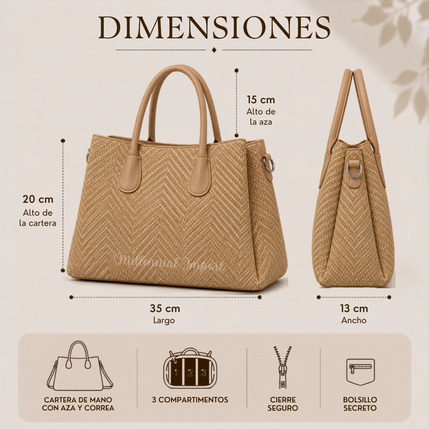 CARTERA DE HOMBRO O MANO ELEGANTE CON 3 DIVISIONES COLOR CAMEL - 5