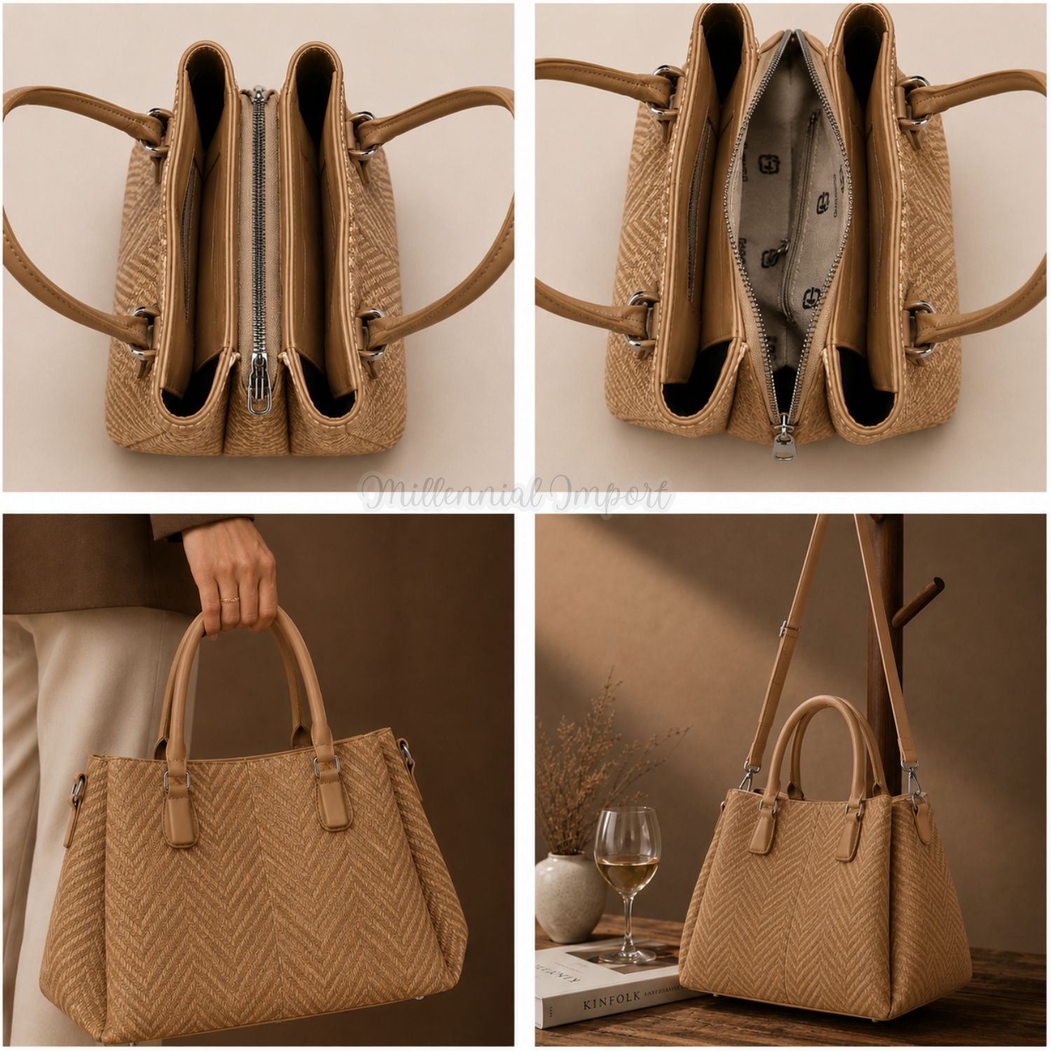 CARTERA DE HOMBRO O MANO ELEGANTE CON 3 DIVISIONES COLOR CAMEL - 6