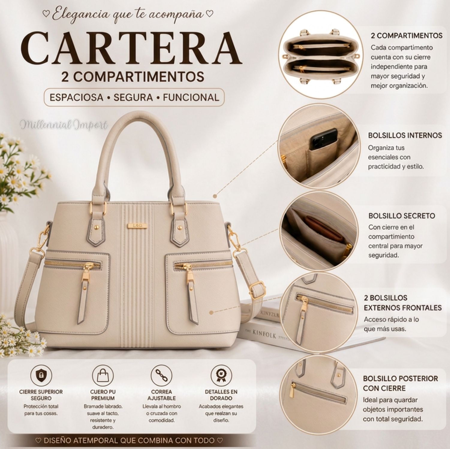 CARTERA MILLENNIAL ELEGANTE DE MANO HOMBRO PARA MUJER COLOR BEIGE - 6