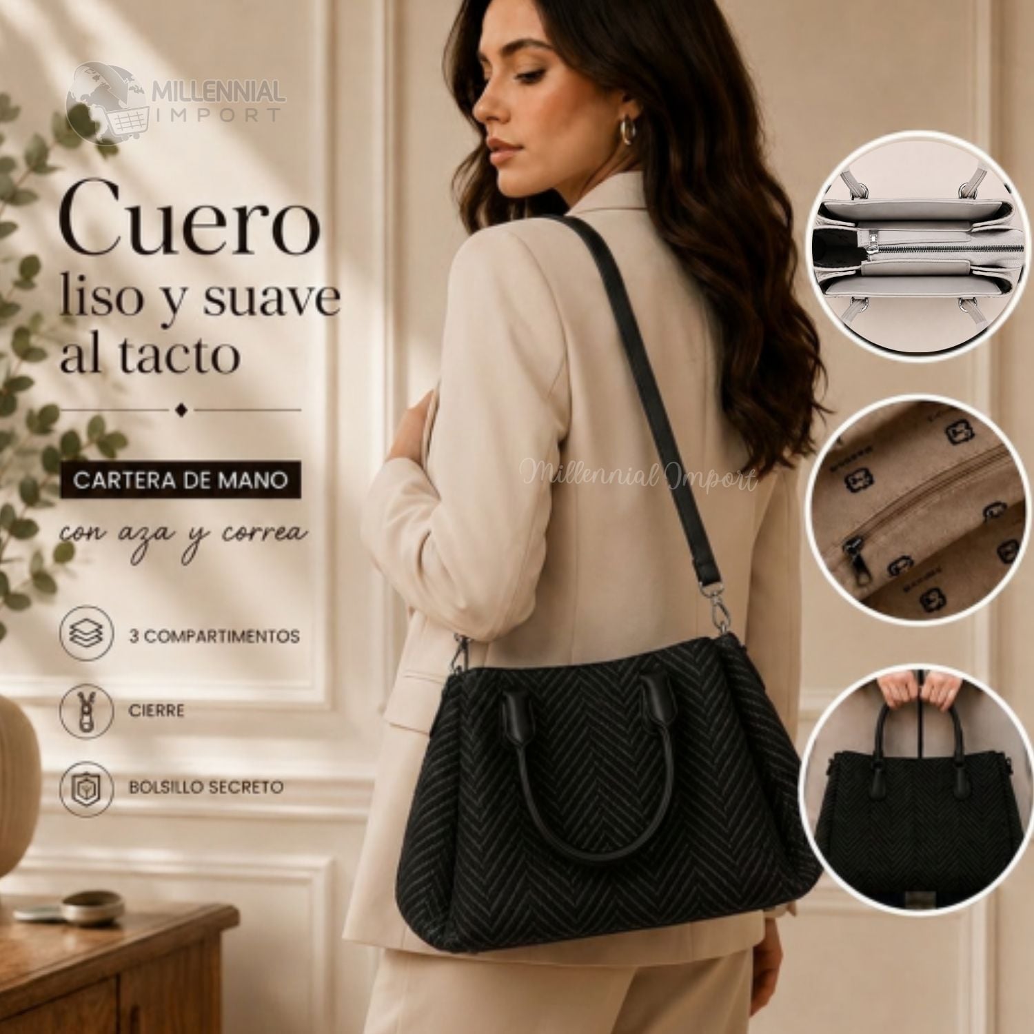 CARTERA DE HOMBRO O MANO ELEGANTE CON 3 DIVISIONES COLOR NEGRO - 1