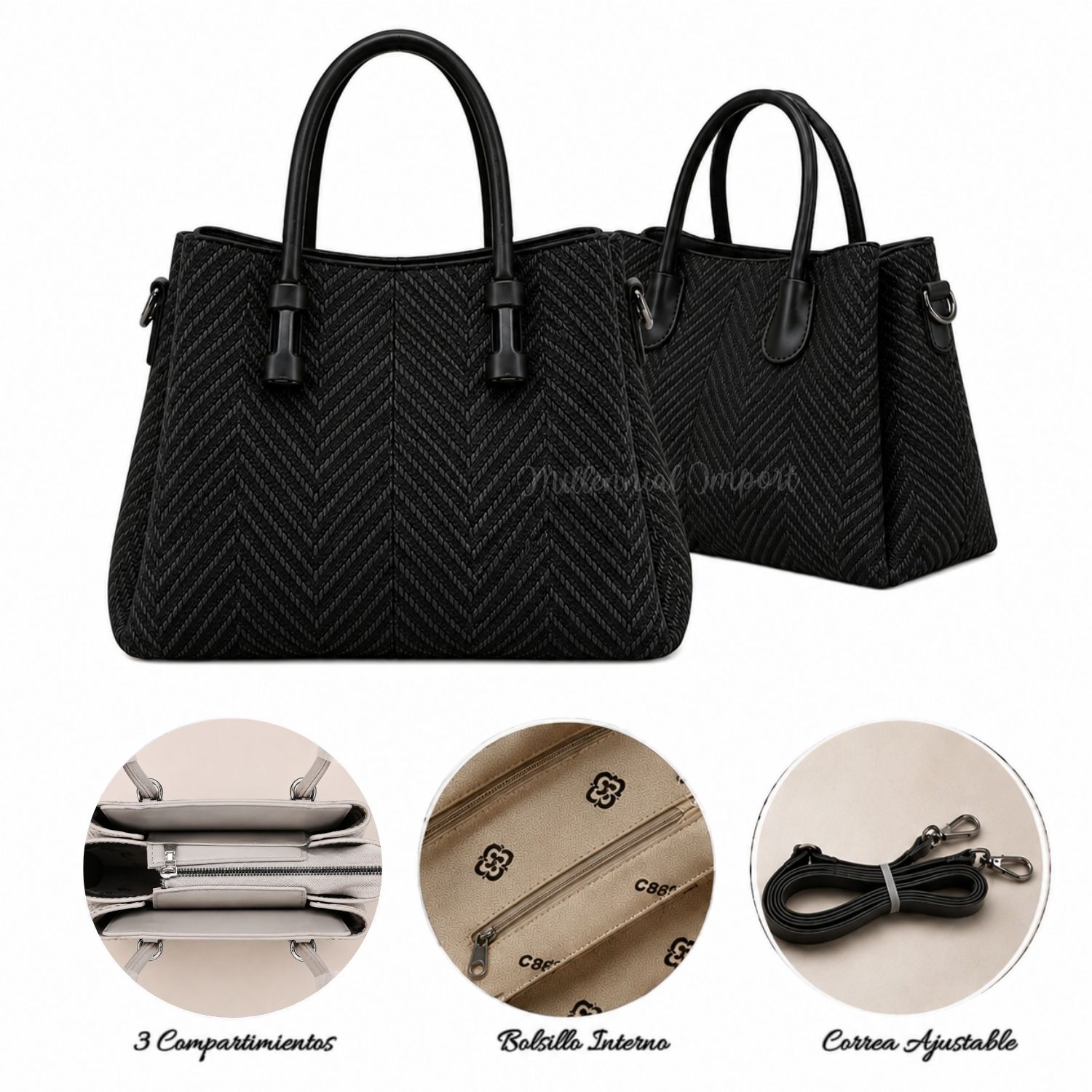 CARTERA DE HOMBRO O MANO ELEGANTE CON 3 DIVISIONES COLOR NEGRO - 5
