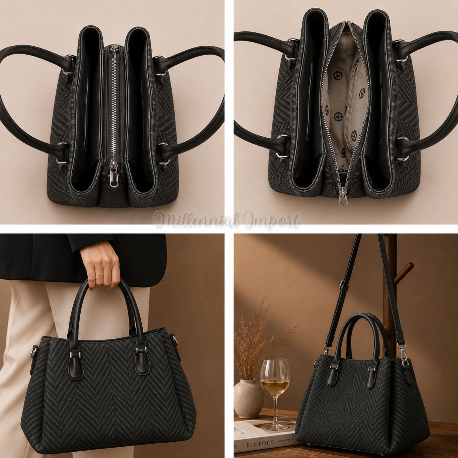 CARTERA DE HOMBRO O MANO ELEGANTE CON 3 DIVISIONES COLOR NEGRO - 9