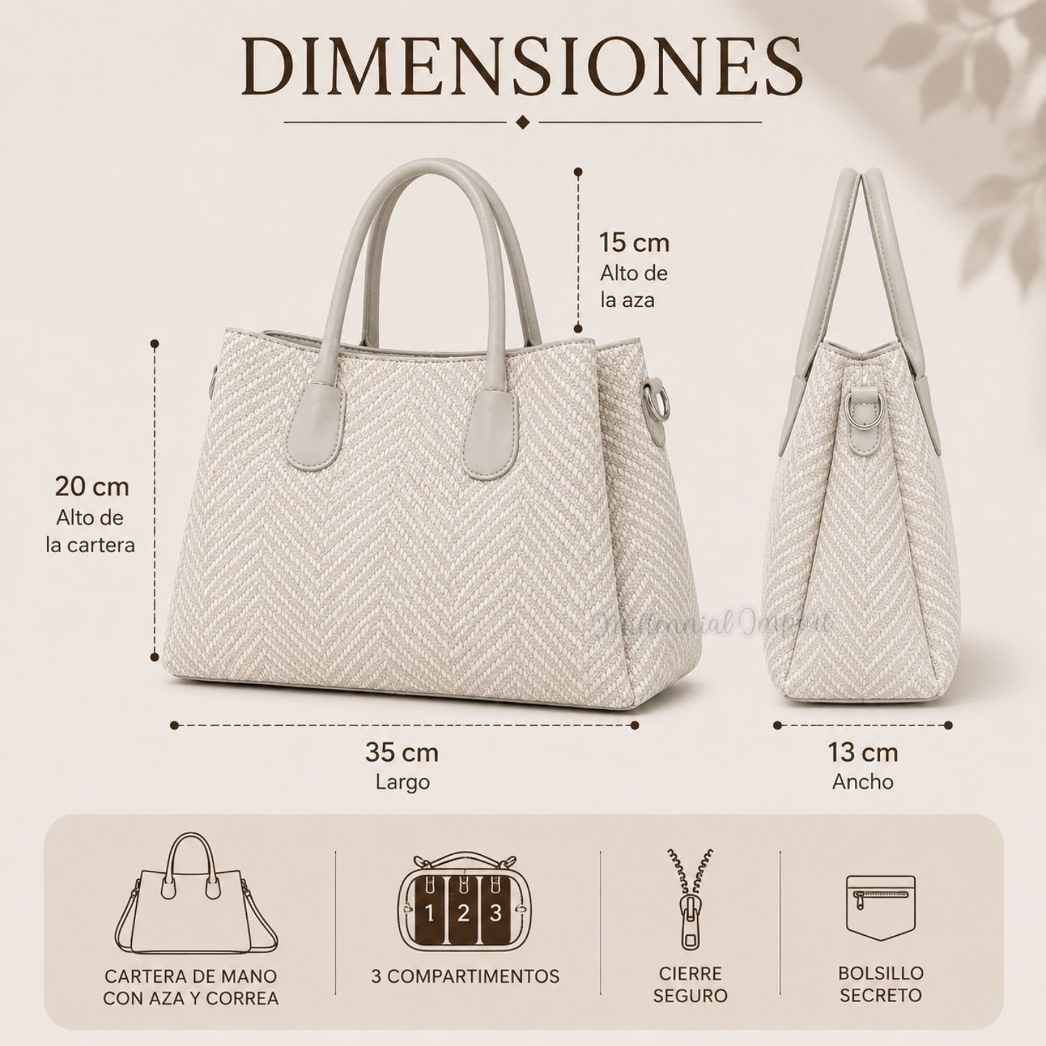 CARTERA DE HOMBRO O MANO ELEGANTE CON 3 DIVISIONES COLOR BEIGE - 6