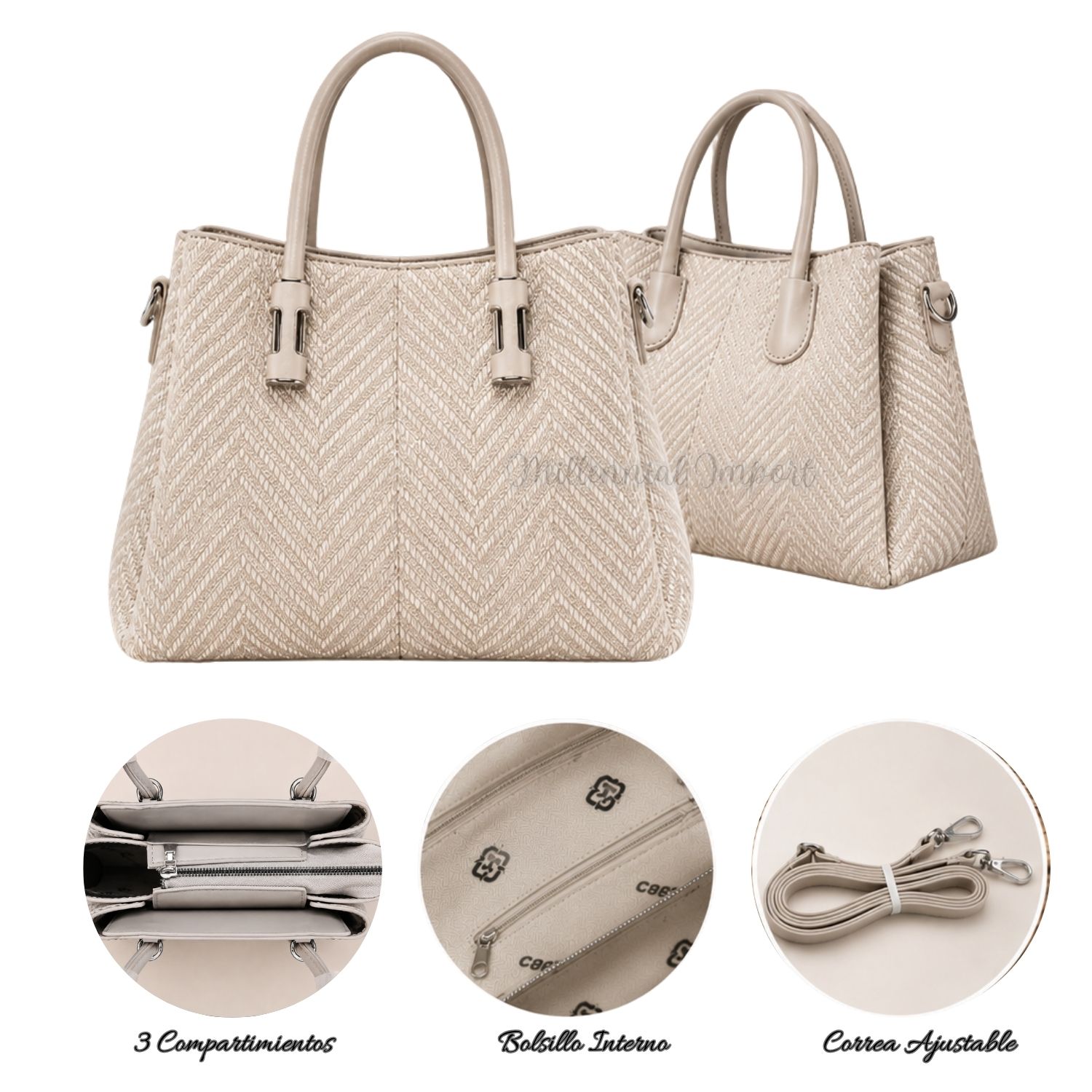 CARTERA DE HOMBRO O MANO ELEGANTE CON 3 DIVISIONES COLOR BEIGE - 7
