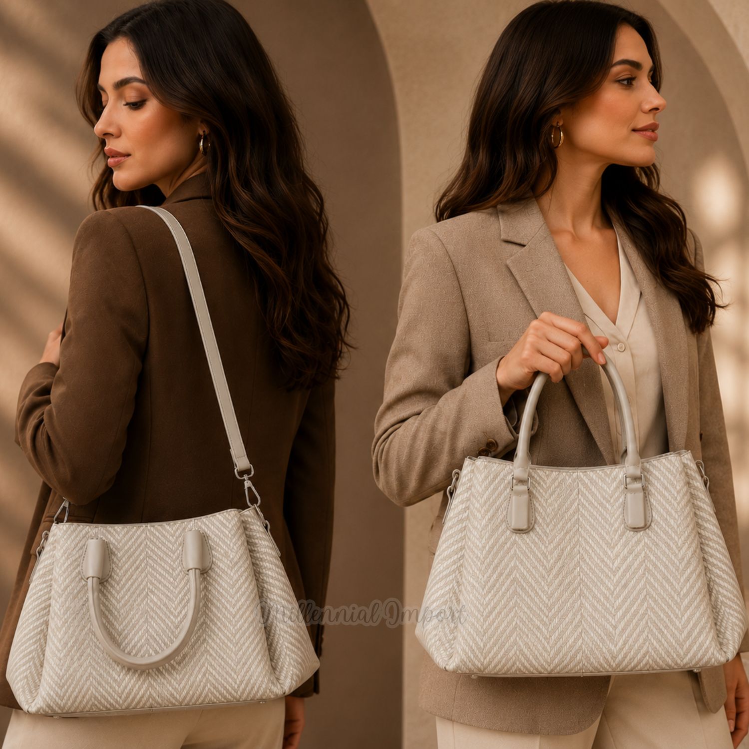 CARTERA DE HOMBRO O MANO ELEGANTE CON 3 DIVISIONES COLOR BEIGE - 8