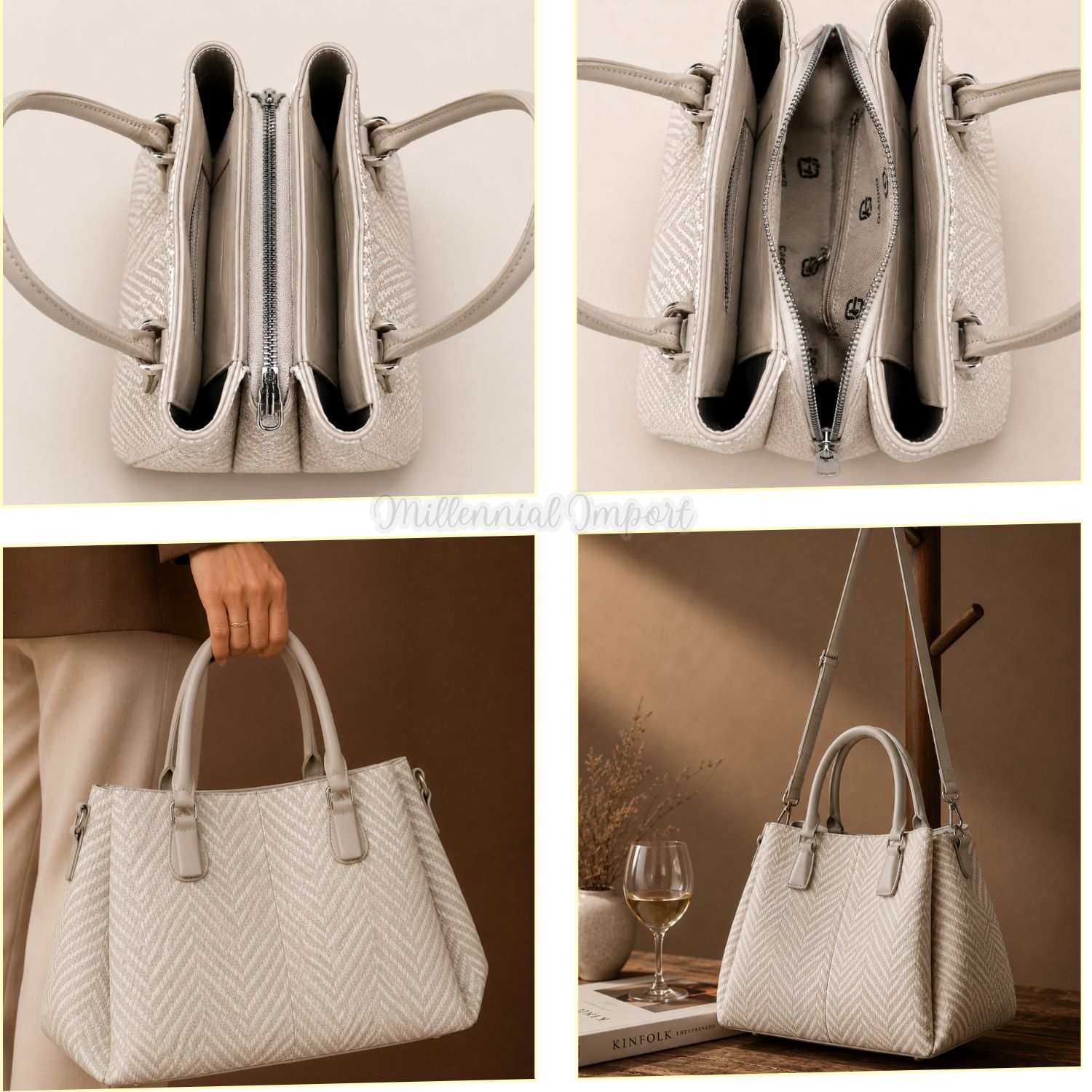 CARTERA DE HOMBRO O MANO ELEGANTE CON 3 DIVISIONES COLOR BEIGE - 9