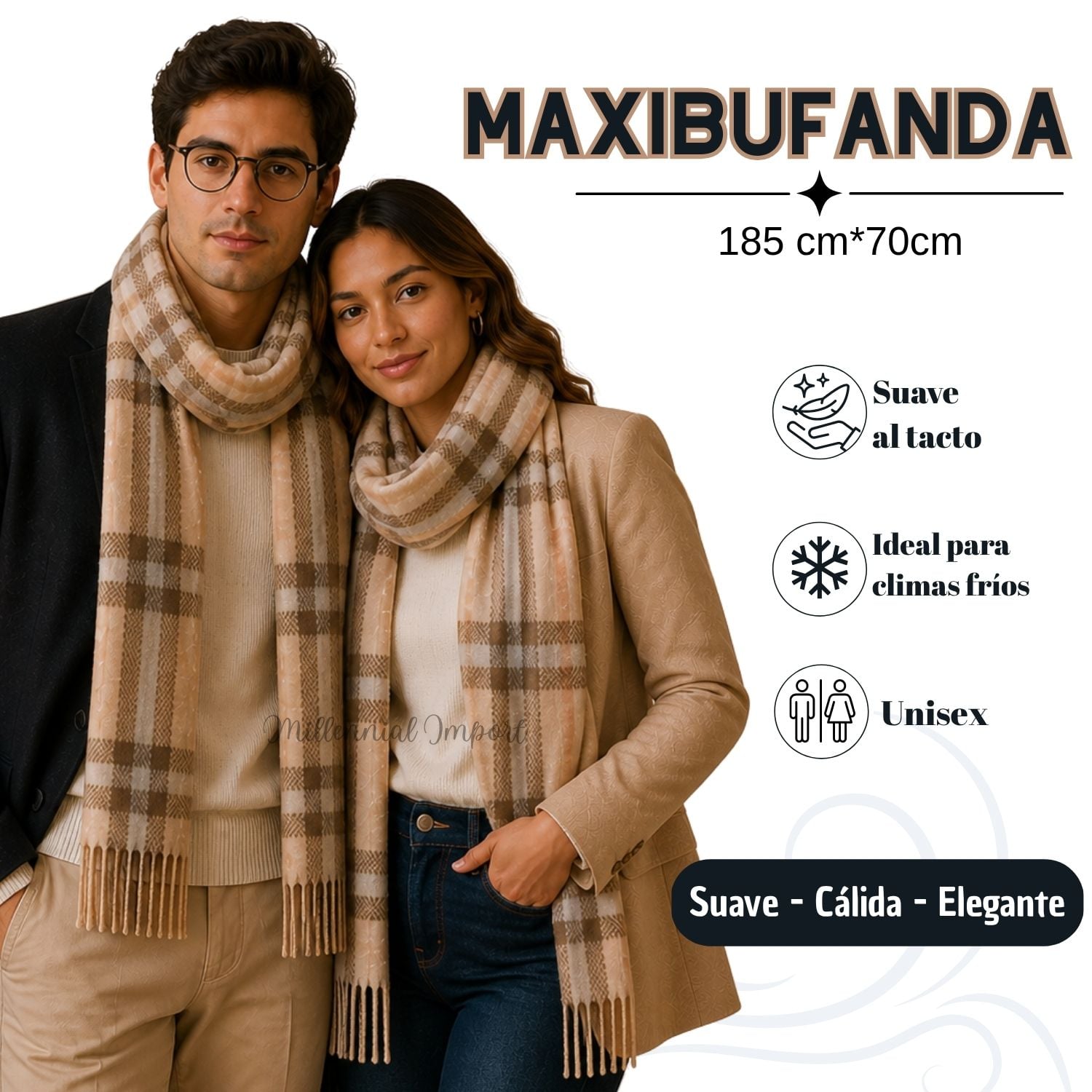 PASHMINA A CUADROS DISEÑO MODERNO ABRIGADO MAXI BUFANDA 185CM X 72CM BEIGE - 1