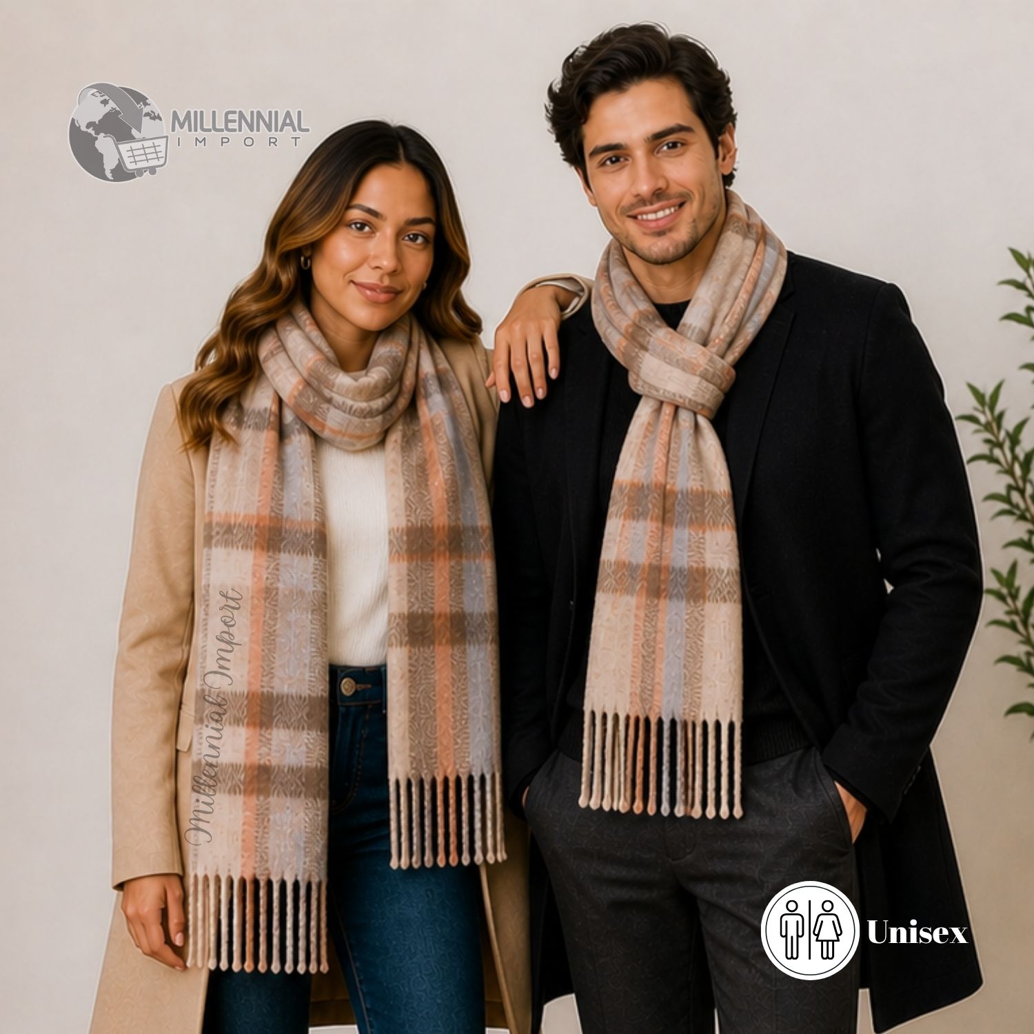 PASHMINA A CUADROS DISEÑO MODERNO ABRIGADO MAXI BUFANDA 185CM X 72CM BEIGE - 2