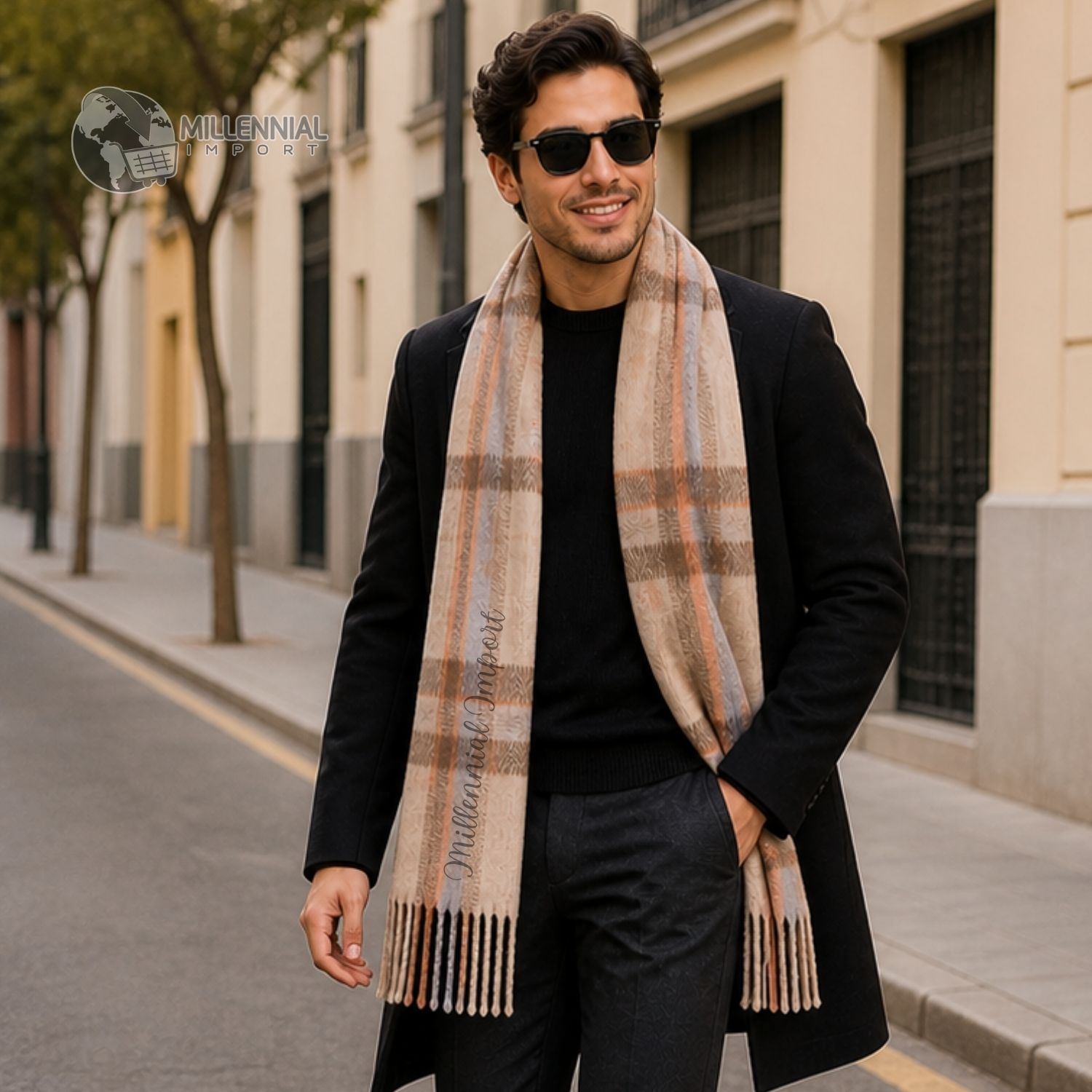 PASHMINA A CUADROS DISEÑO MODERNO ABRIGADO MAXI BUFANDA 185CM X 72CM BEIGE - 3