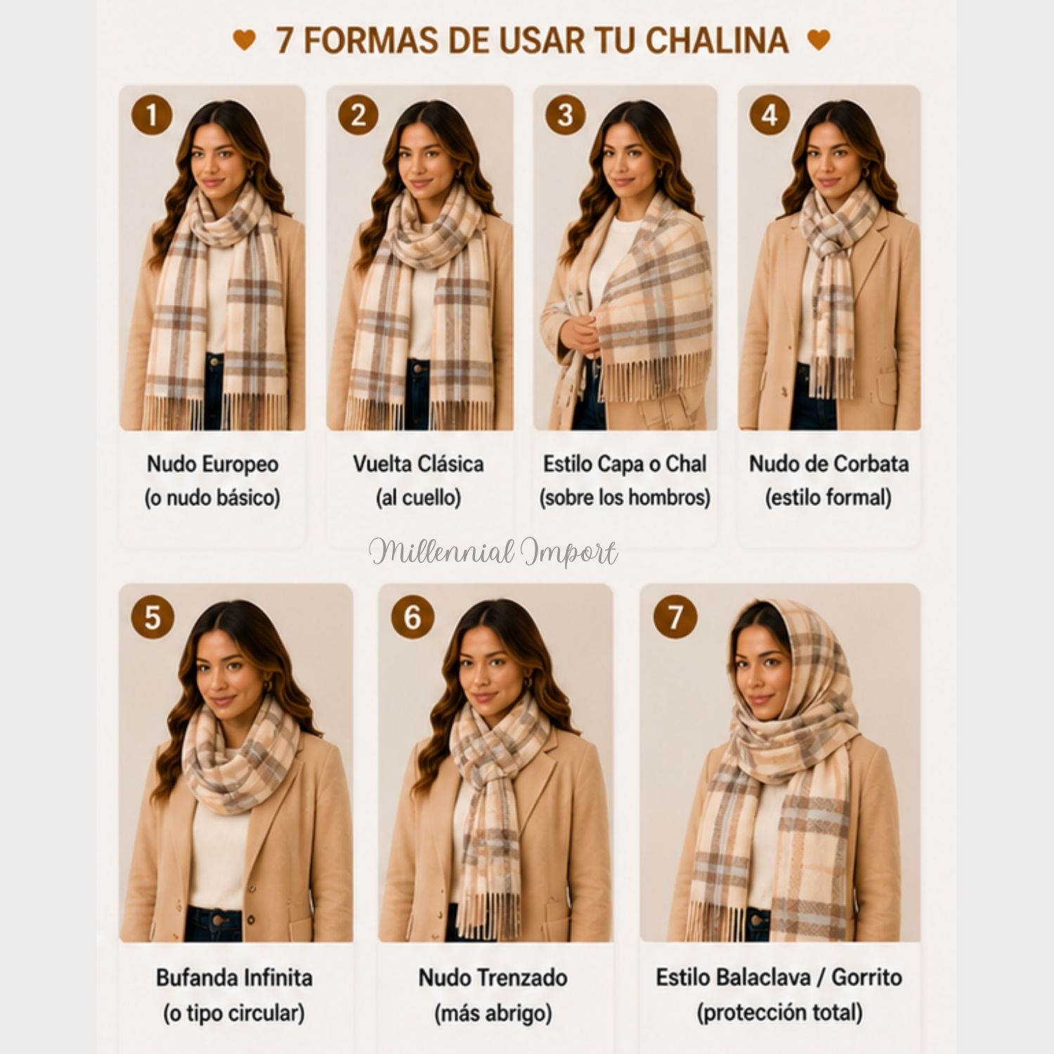 PASHMINA A CUADROS DISEÑO MODERNO ABRIGADO MAXI BUFANDA 185CM X 72CM BEIGE - 5