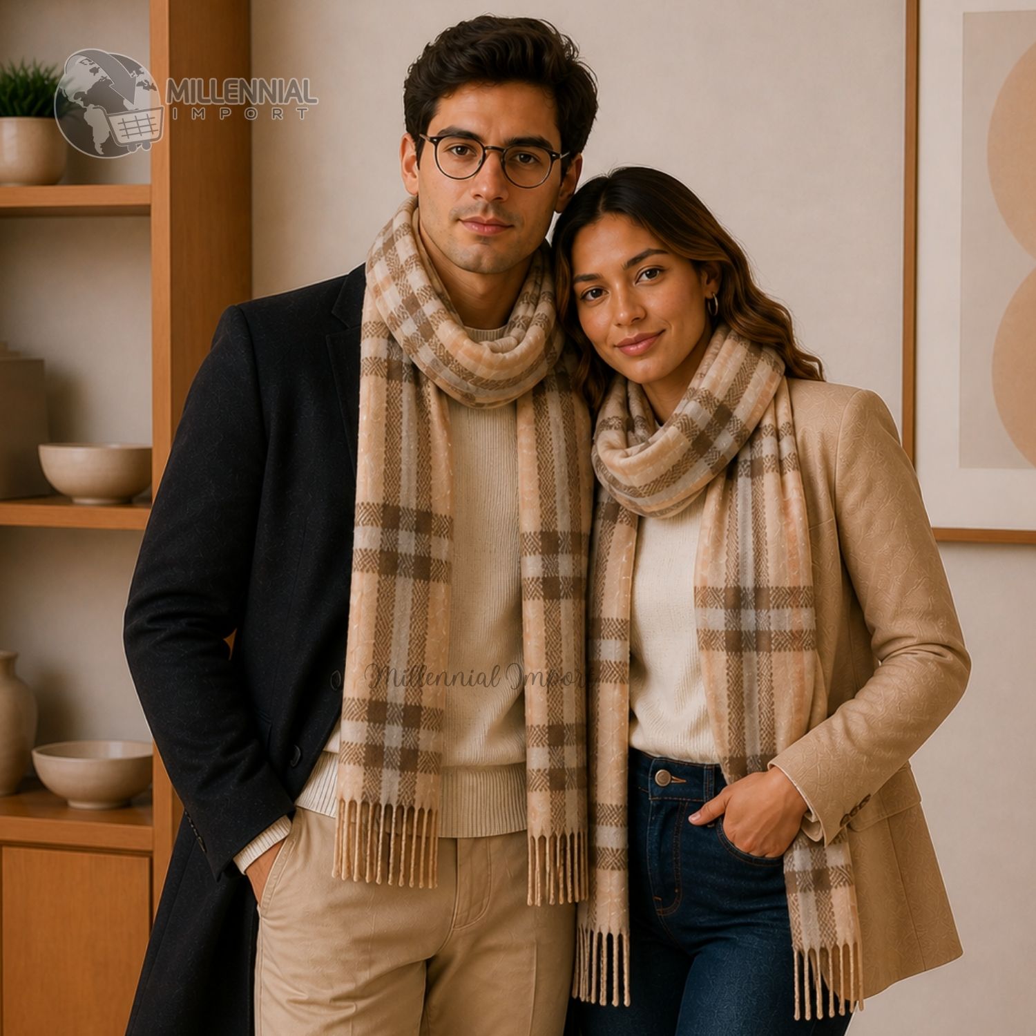 PASHMINA A CUADROS DISEÑO MODERNO ABRIGADO MAXI BUFANDA 185CM X 72CM BEIGE - 6