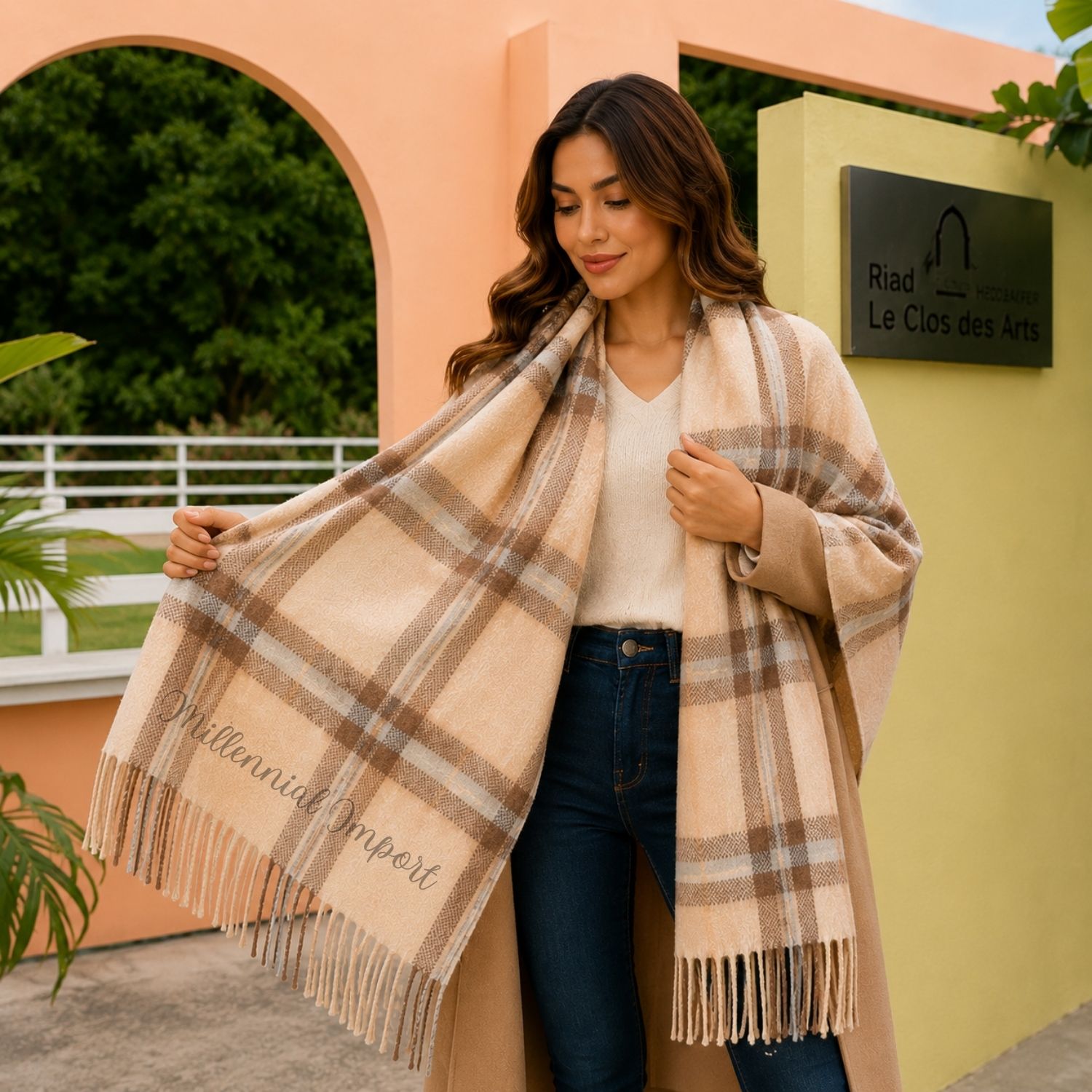 PASHMINA A CUADROS DISEÑO MODERNO ABRIGADO MAXI BUFANDA 185CM X 72CM BEIGE - 7