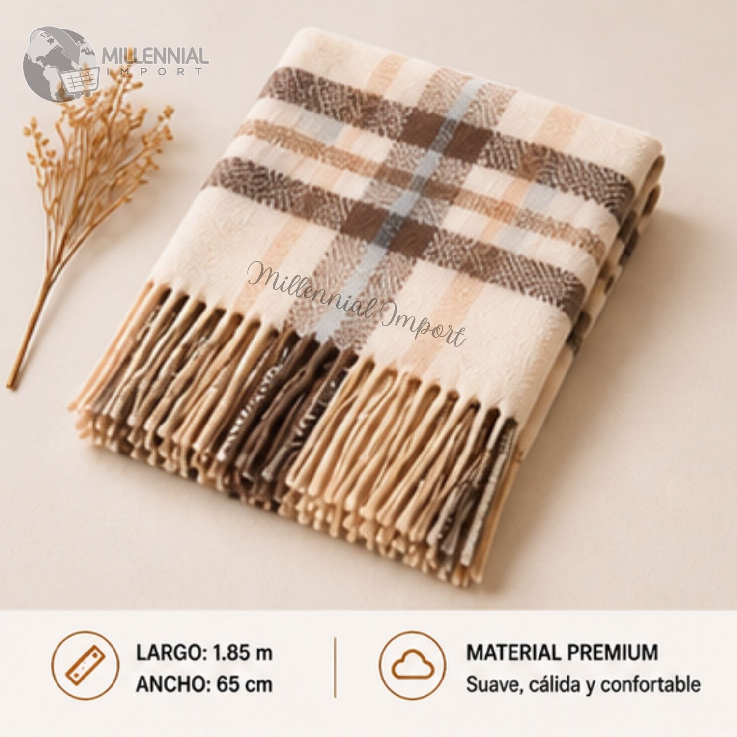 PASHMINA A CUADROS DISEÑO MODERNO ABRIGADO MAXI BUFANDA 185CM X 72CM BEIGE - 9