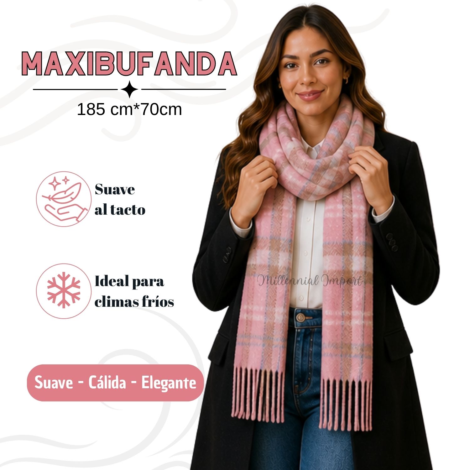 MAXIBUFANDA CHALINA COLORES SUAVES 185CM X 72CM PASHIMINA MUJER ELEGANTE ROSADO - 1