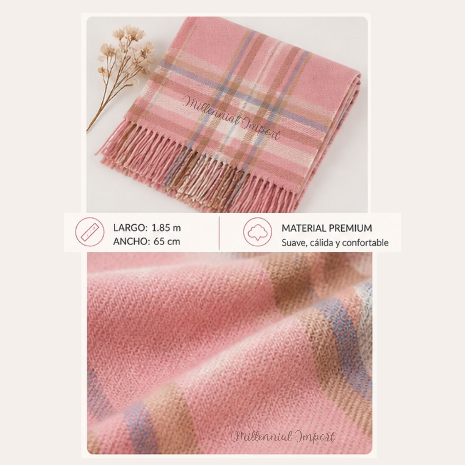 MAXIBUFANDA CHALINA COLORES SUAVES 185CM X 72CM PASHIMINA MUJER ELEGANTE ROSADO - 10
