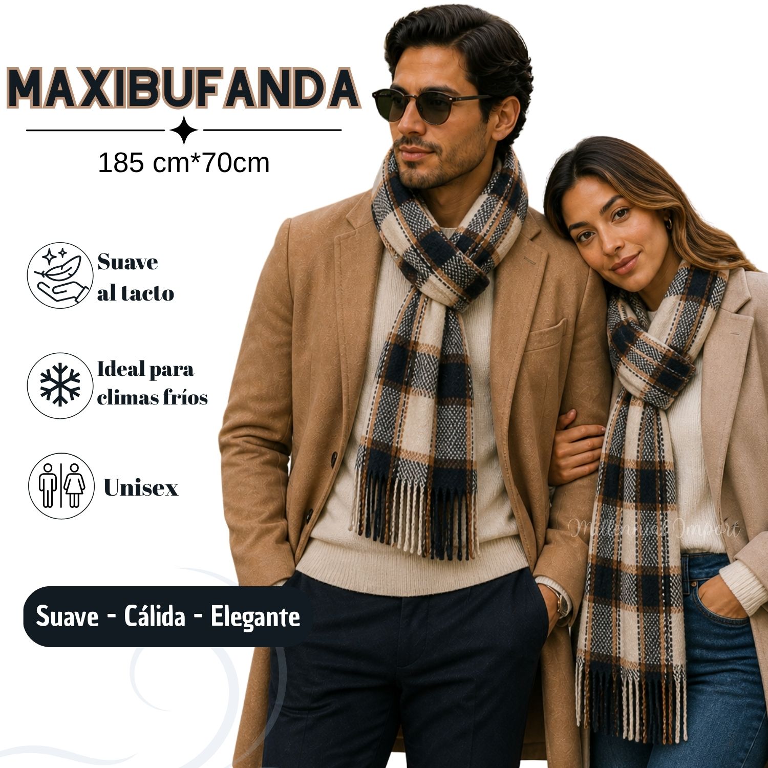 CHALINA UNISEX SUAVE Y ELEGANTE 185CM X 72CM PASHMINA MODELO CUADROS NEGRO - 1