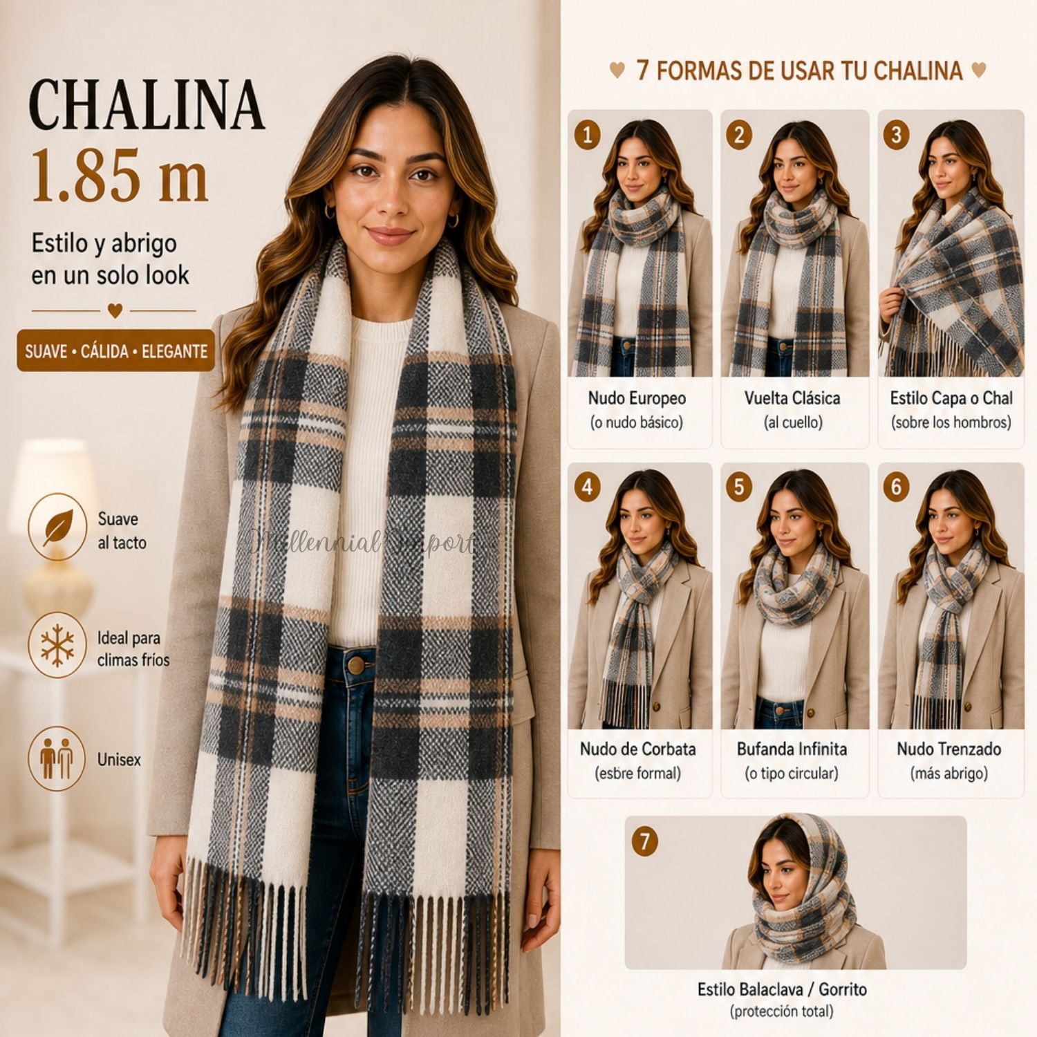 CHALINA UNISEX SUAVE Y ELEGANTE 185CM X 72CM PASHMINA MODELO CUADROS NEGRO - 2