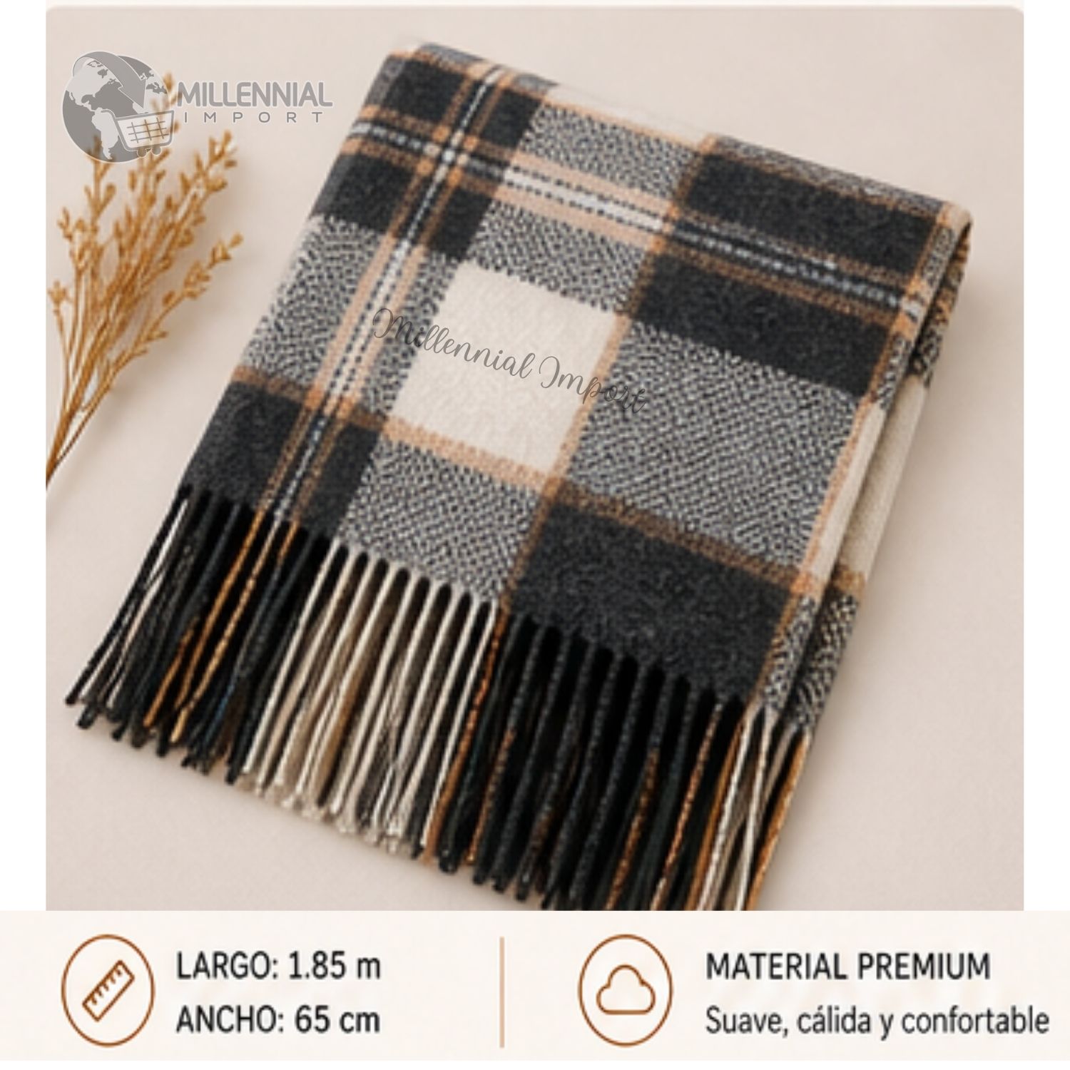 CHALINA UNISEX SUAVE Y ELEGANTE 185CM X 72CM PASHMINA MODELO CUADROS NEGRO - 5