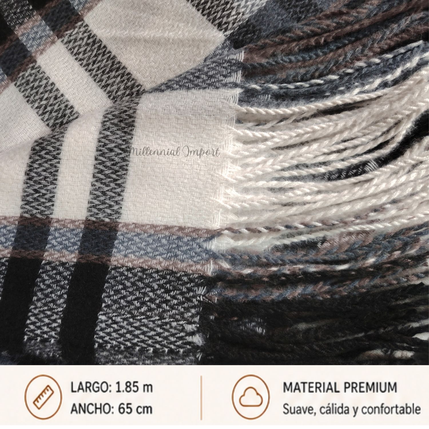 CHALINA UNISEX SUAVE Y ELEGANTE 185CM X 72CM PASHMINA MODELO CUADROS NEGRO - 6